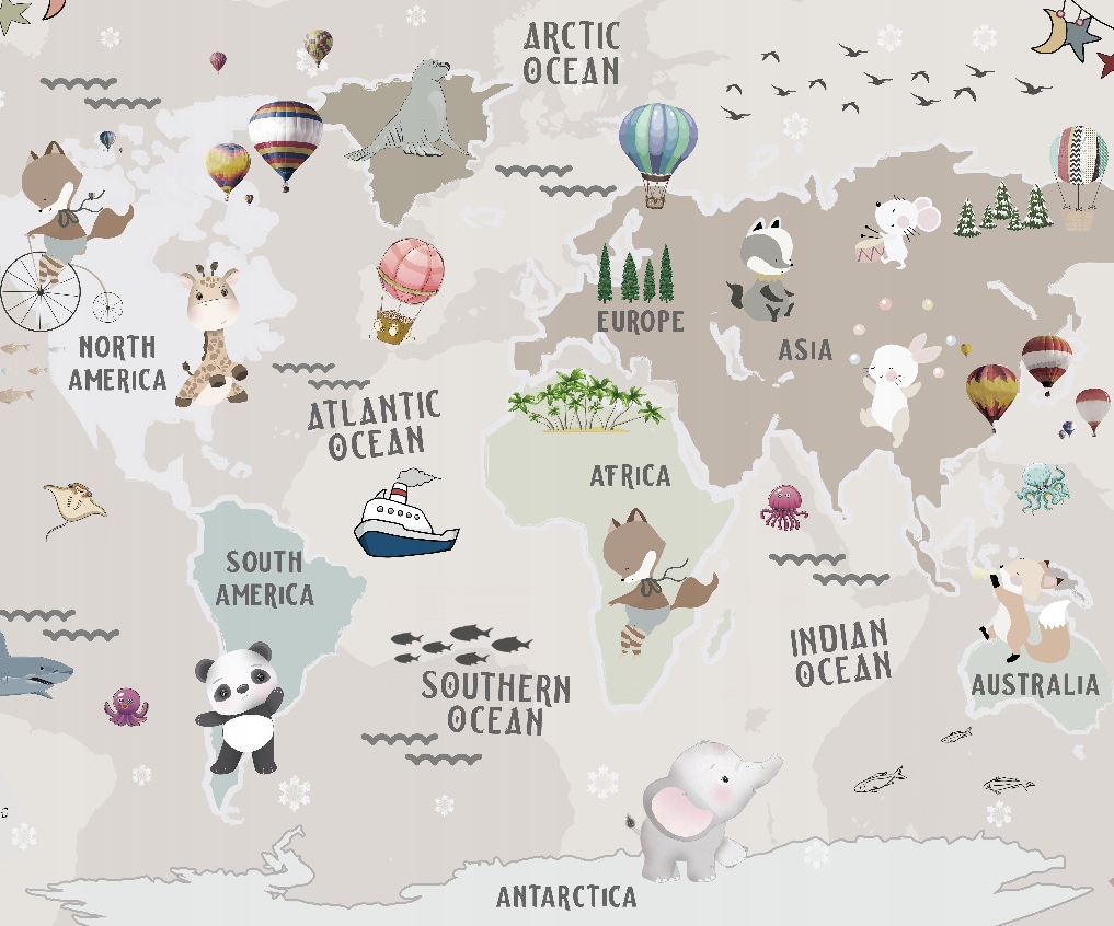 Fototapeta Mapa světa se zvířátky pro děti 300 x 250 cm, flizelina 230 g