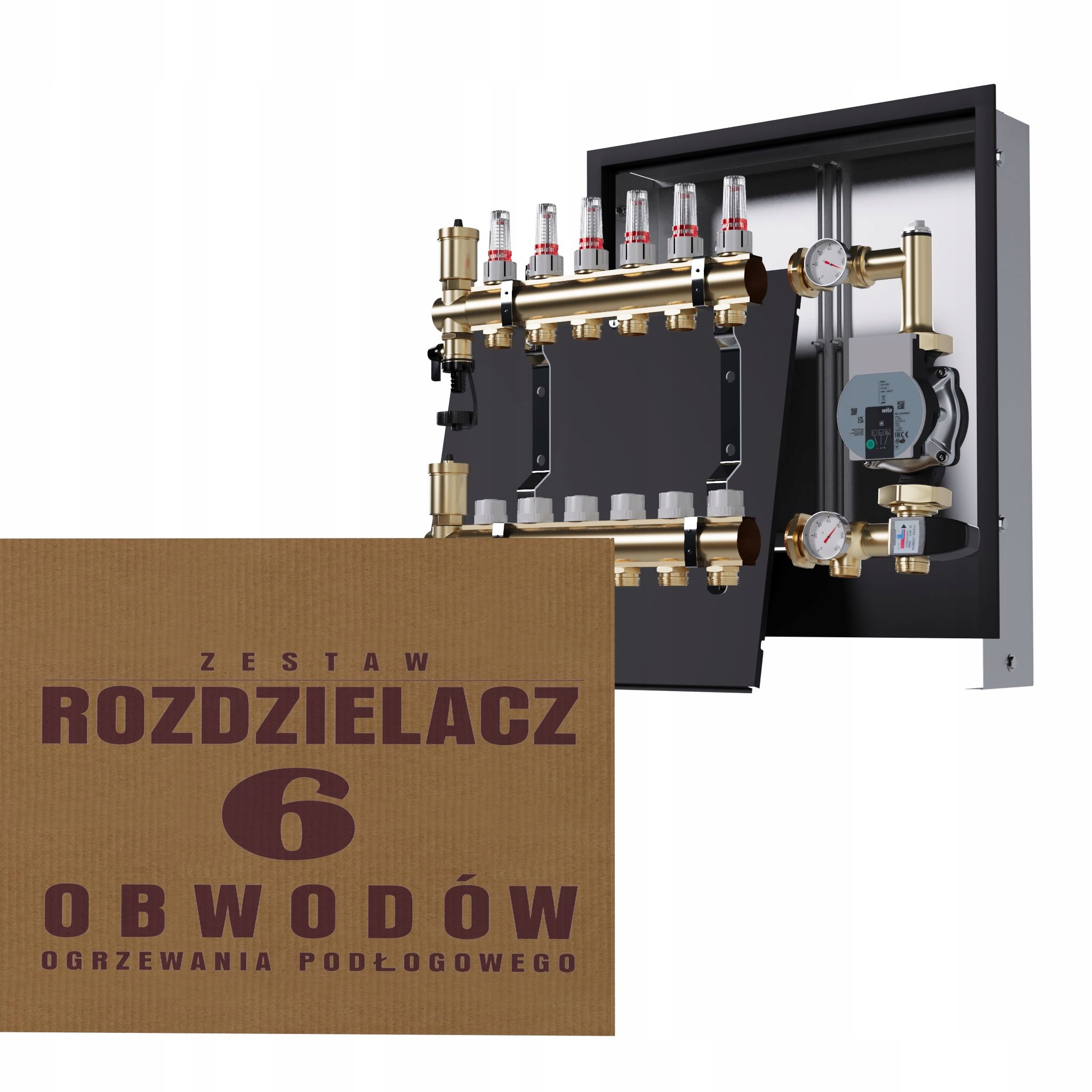 Rozdělovač pro podlahu 6 okruhů se skupinou Wilo, podomítková skříňka, černá