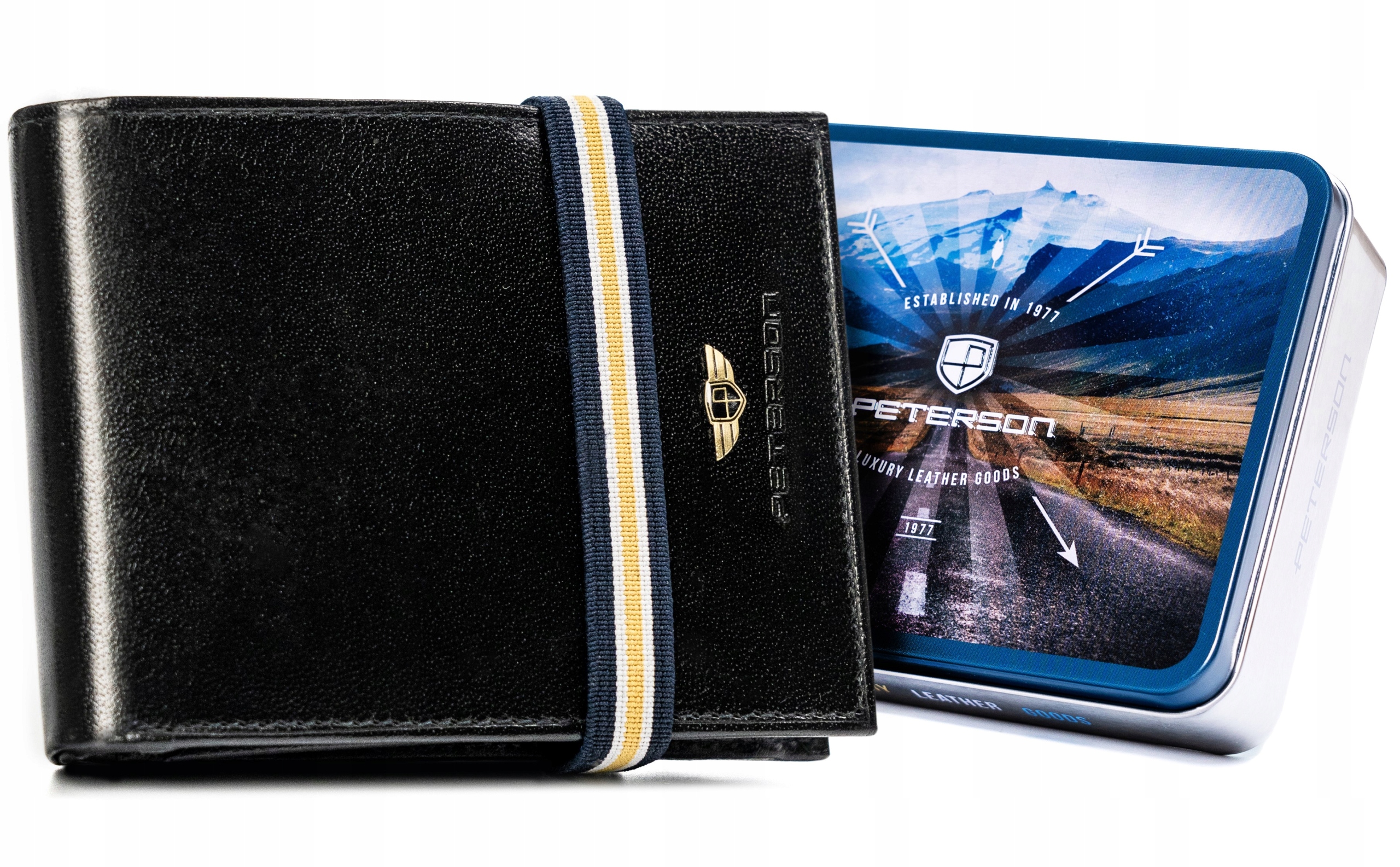 Portfel skórzany męski poziomy Rfid Stop w metalowym pudełku Peterson