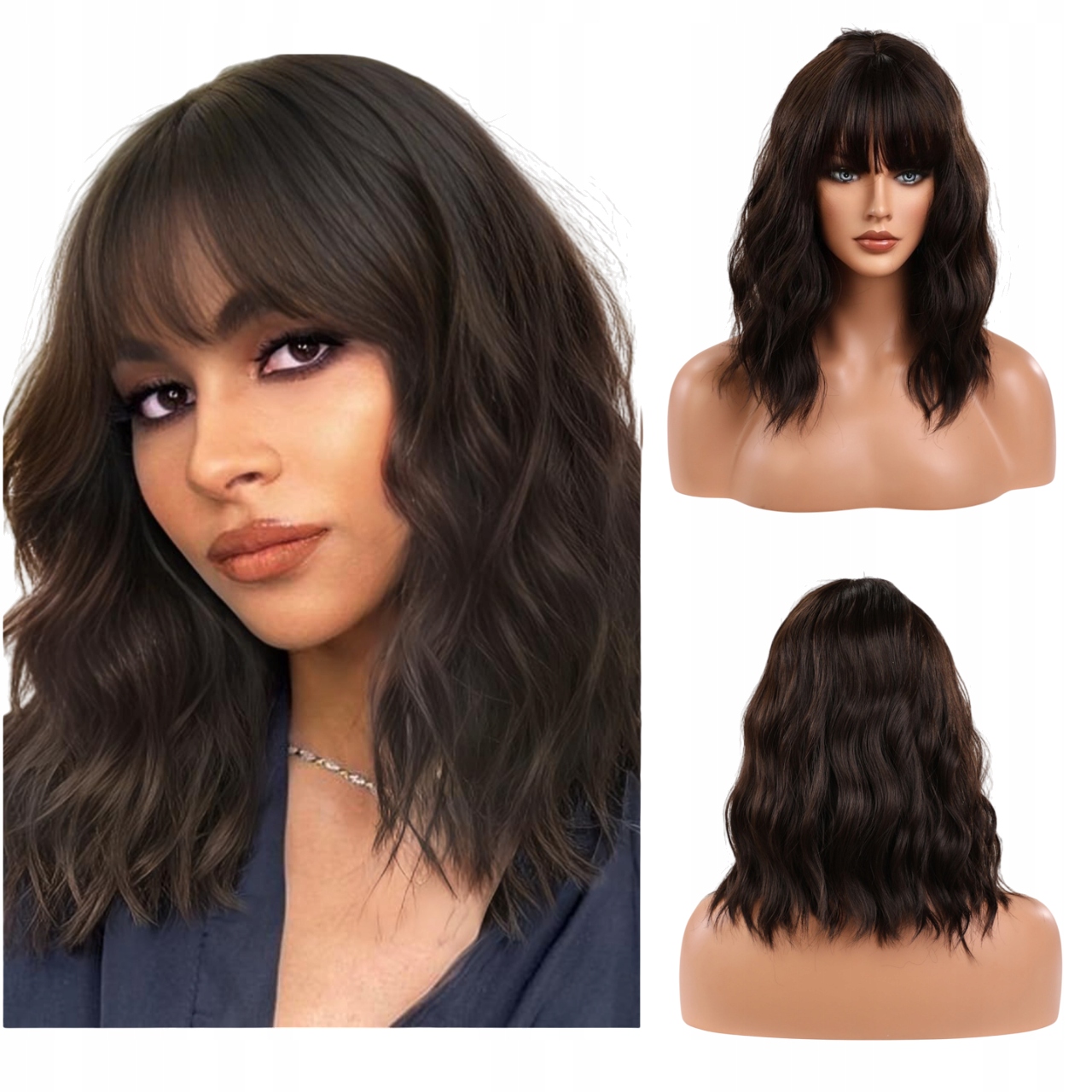 Peruka Damska ciemny brąz Falowane z Grzywką Włosy Jak Naturalne czepek