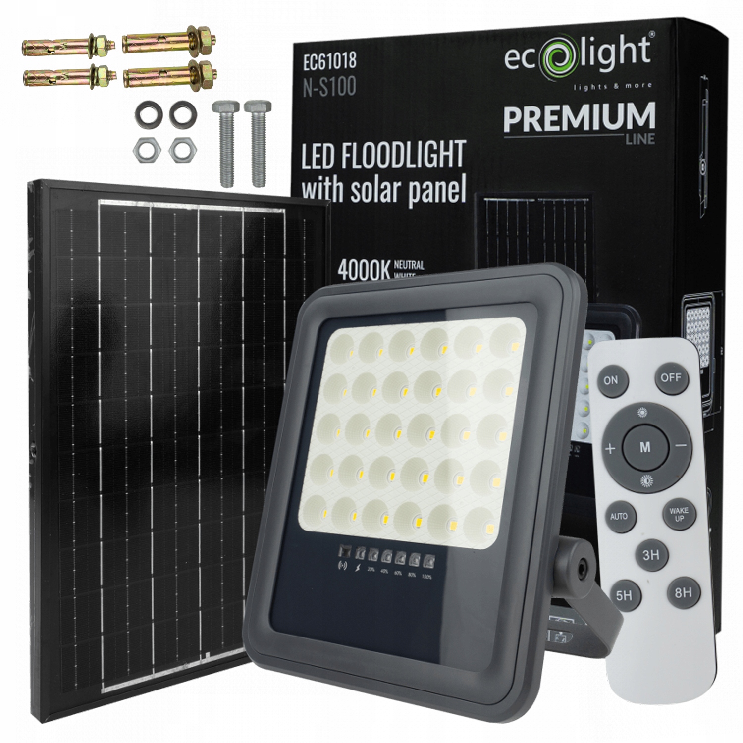 Solární Zářič 100W Led Dálkový Ovladač Montážní Sada Ecolight Neutrální