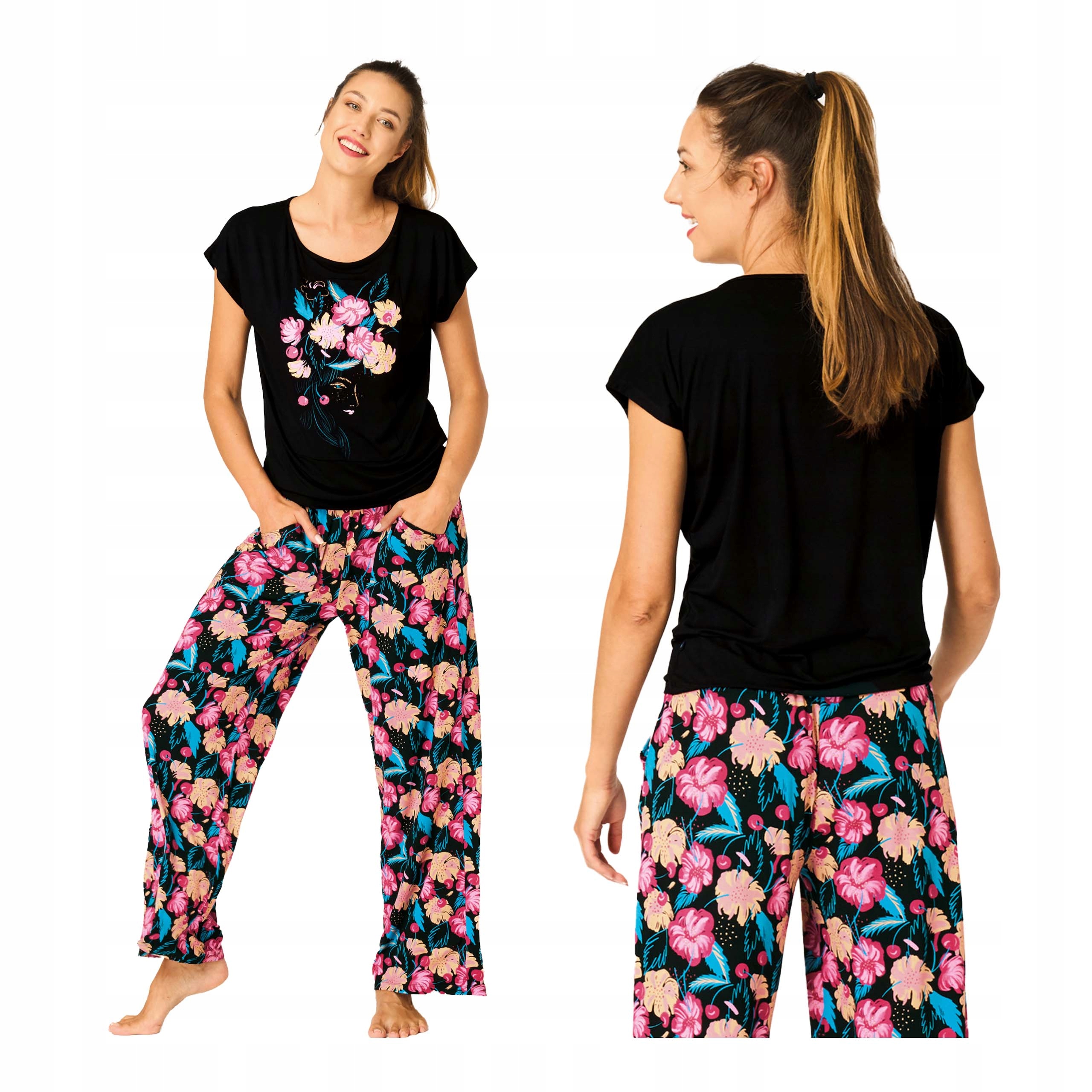 Piżama damska dwuczęściowa krótki rękaw długie spodnie XL Key bambus