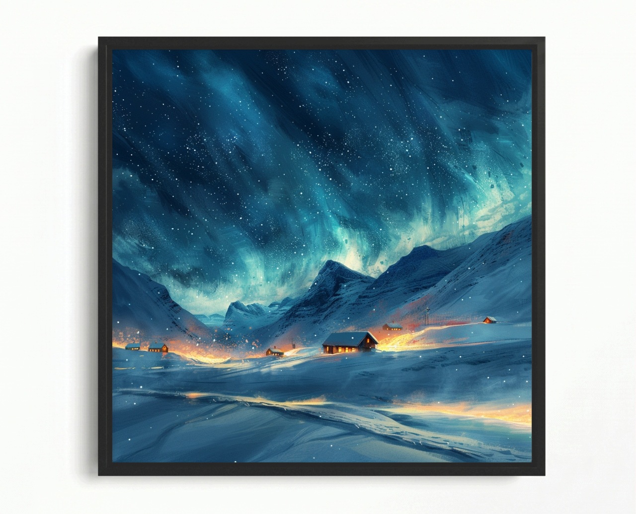 Obraz Rám Americký Box Krajina Noc Polární Záře Zima Sníh Hory 50x50