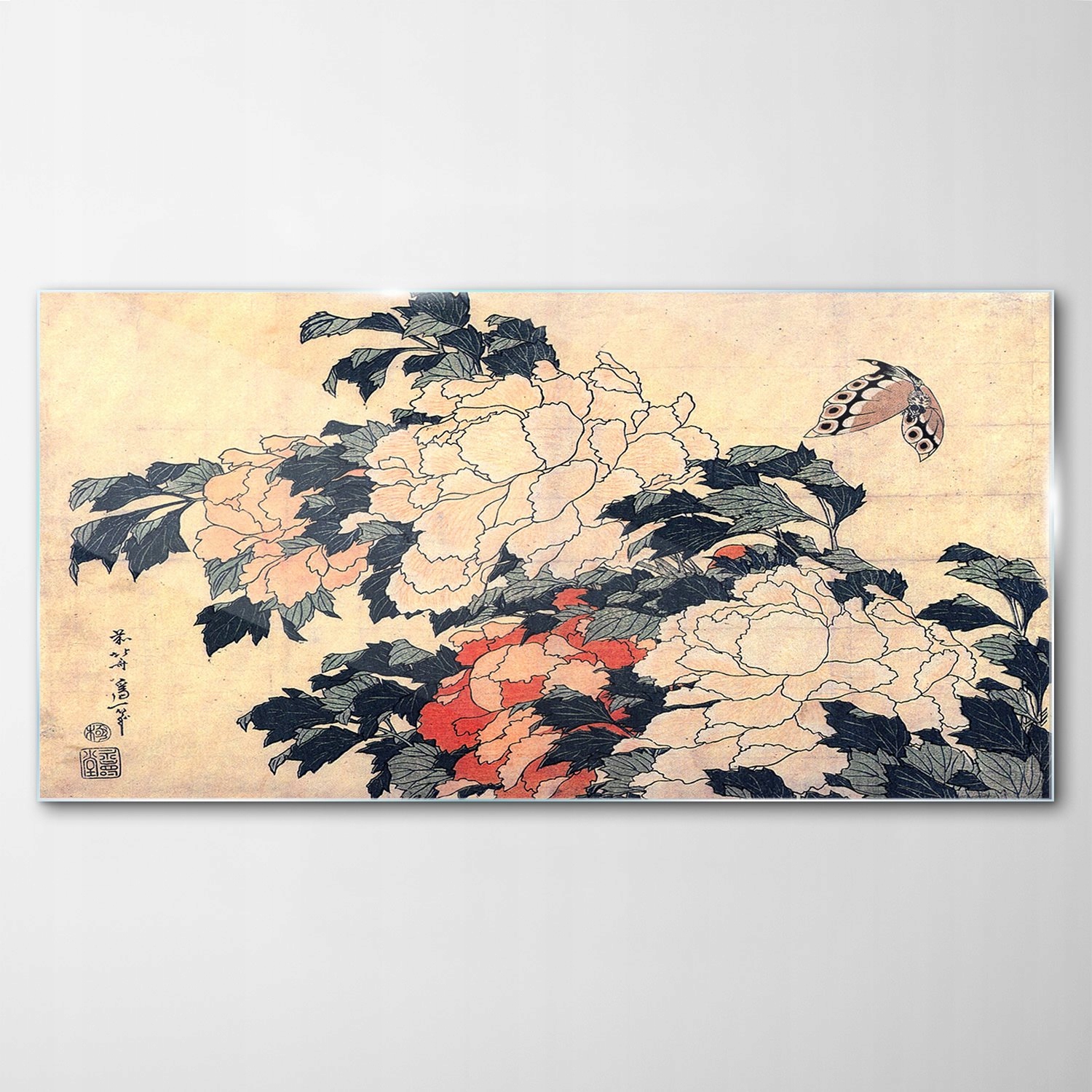 Obraz na skle Dekor Pivonky Motýľ Kvet 100x50