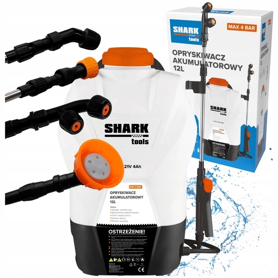 Akumulátorový postrekovač 12 l elektrický batohový laca 4 trysky Shark
