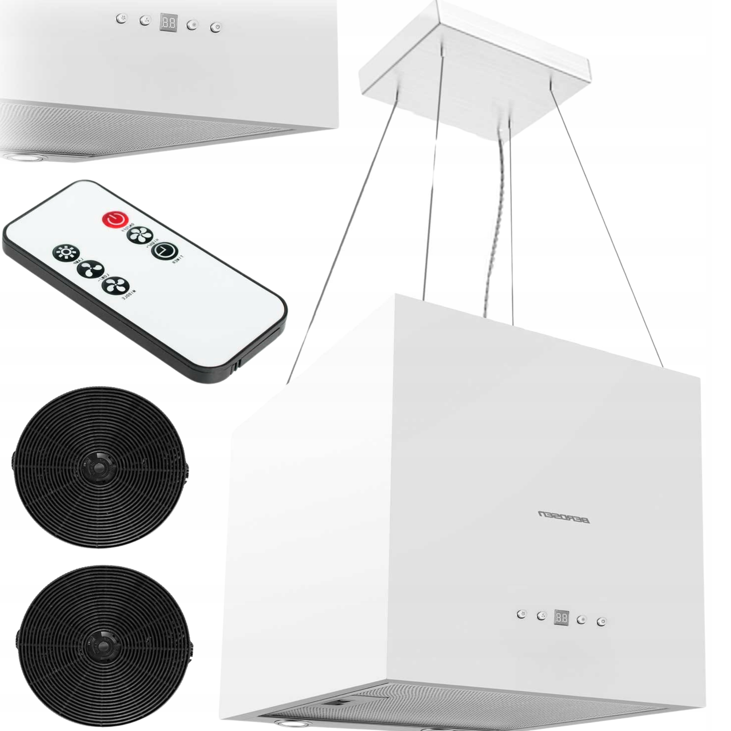 Okap Kuchenny Wyspowy Wiszący Biały 40 CM Pilot 2 Filtry Węglowe W Zestawie