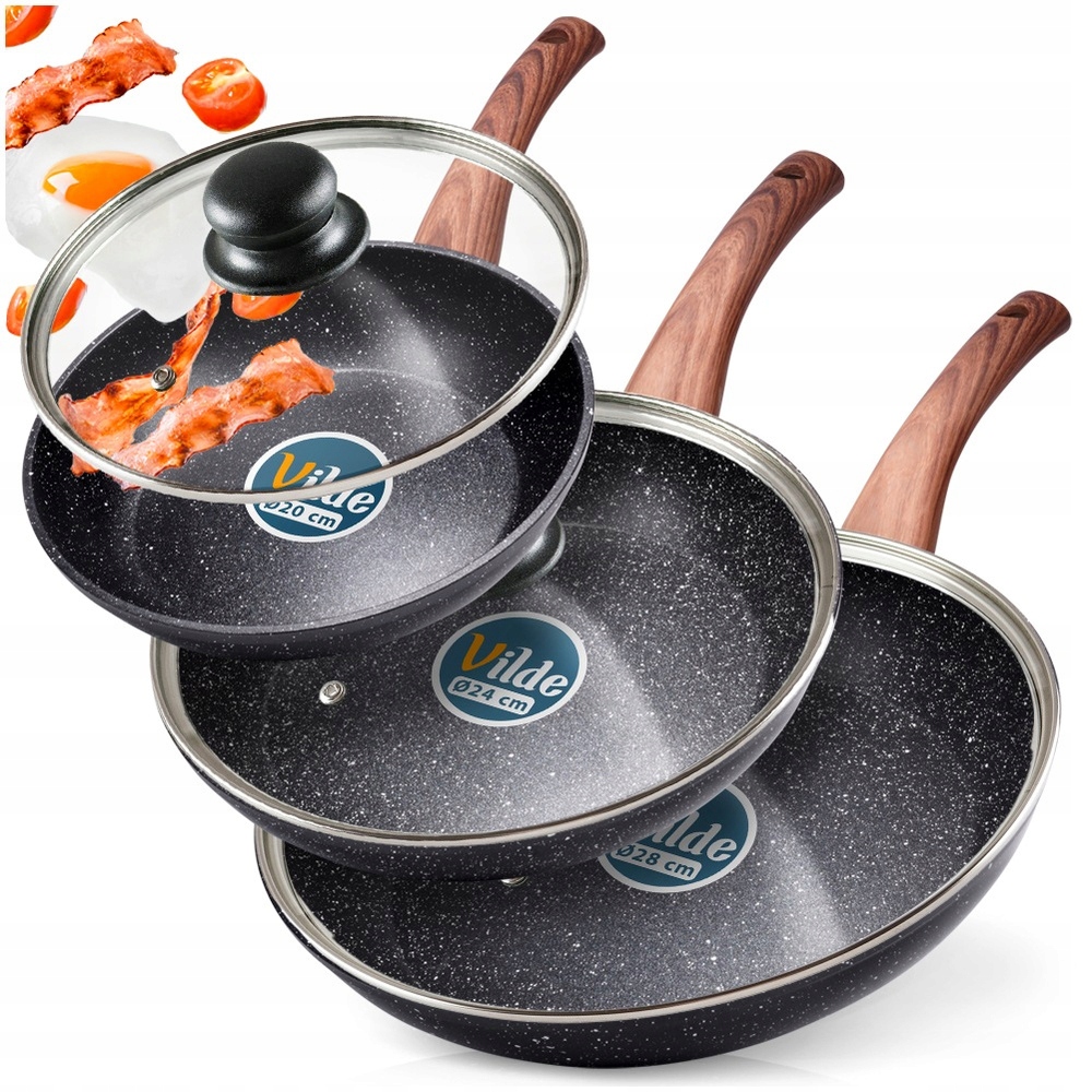 3x Granitová pánev na smažení dušení sada s poklicí 20 24 28 cm