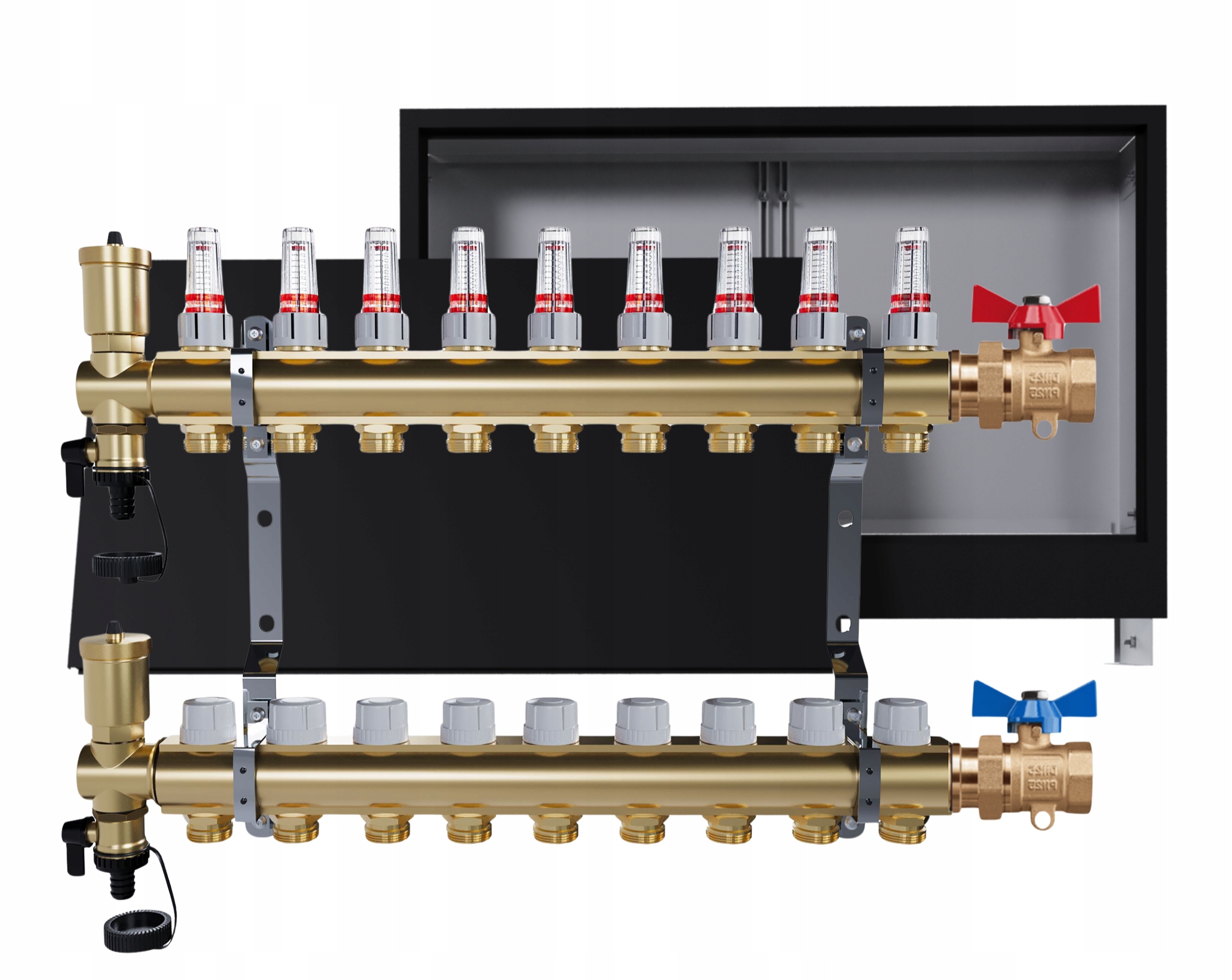 Rozdělovač podlahových krytin mosazný 9 okruhů skříňka černá jednoduchý ventil