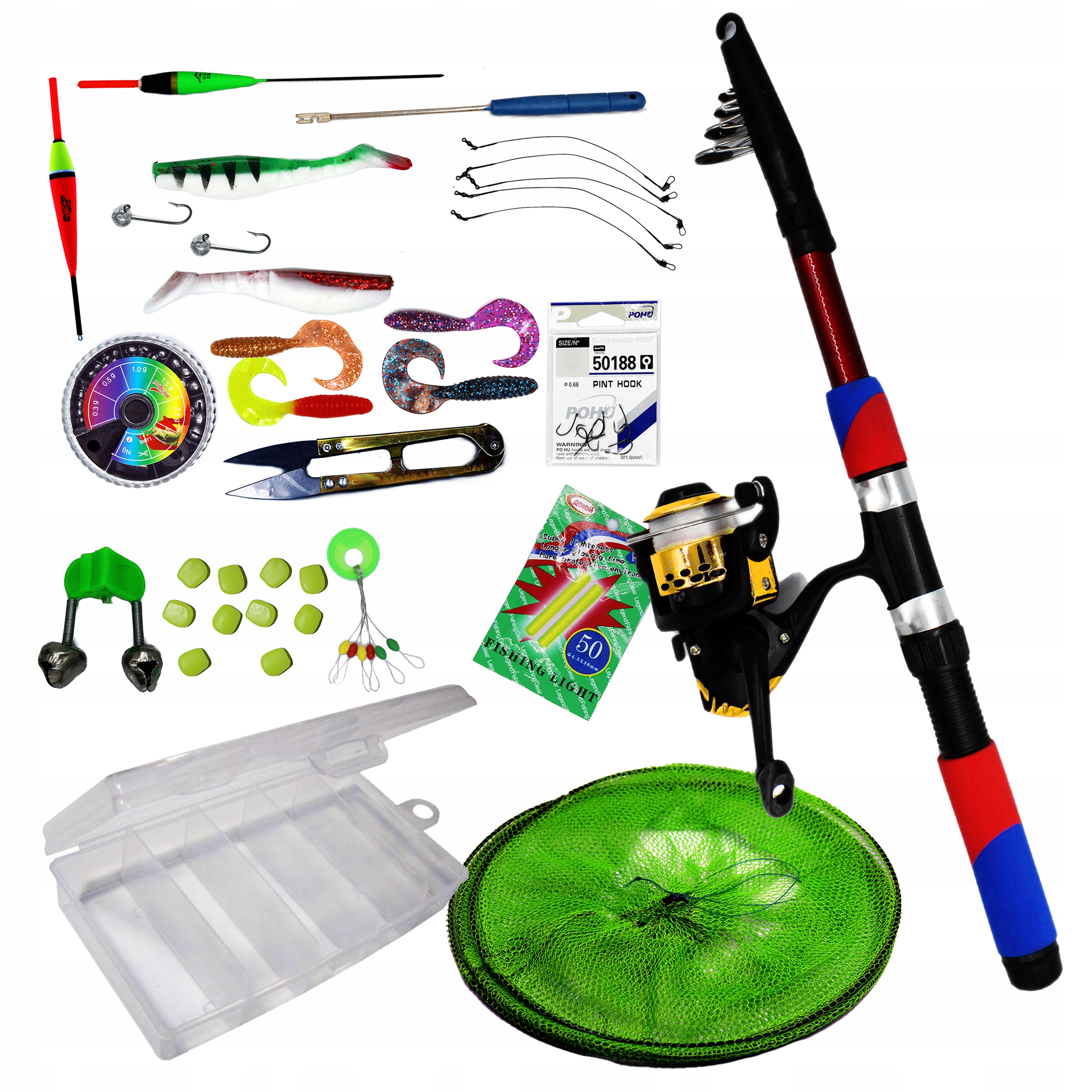 Zestaw dla dziecka wędka 210cm kołowrotek siatka pudełko kompletny NA START