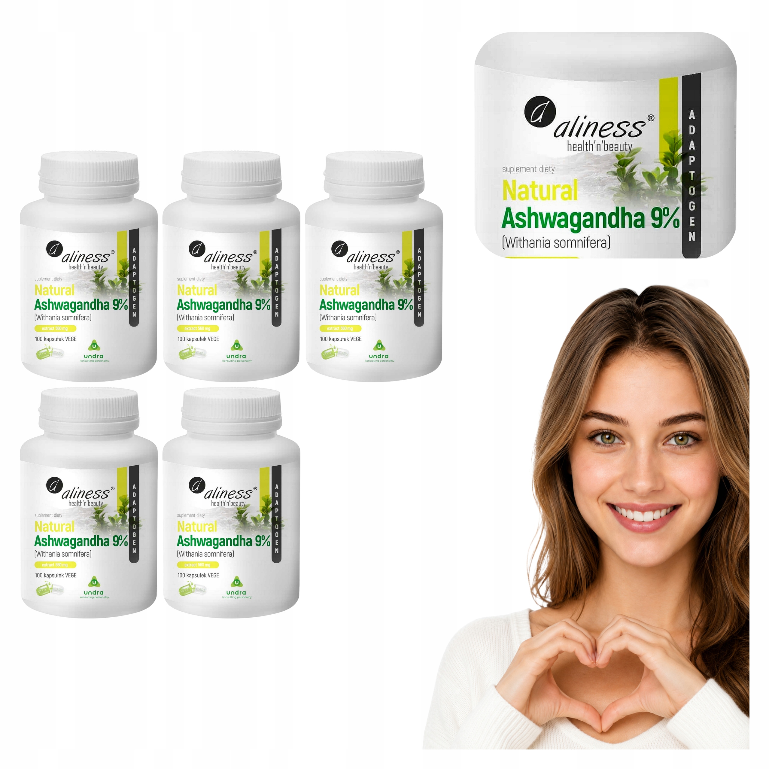 5x Korzeń Ashwagandhy Aliness 555 mg Ekstrakt 8% Witanolidów 500 kaps.