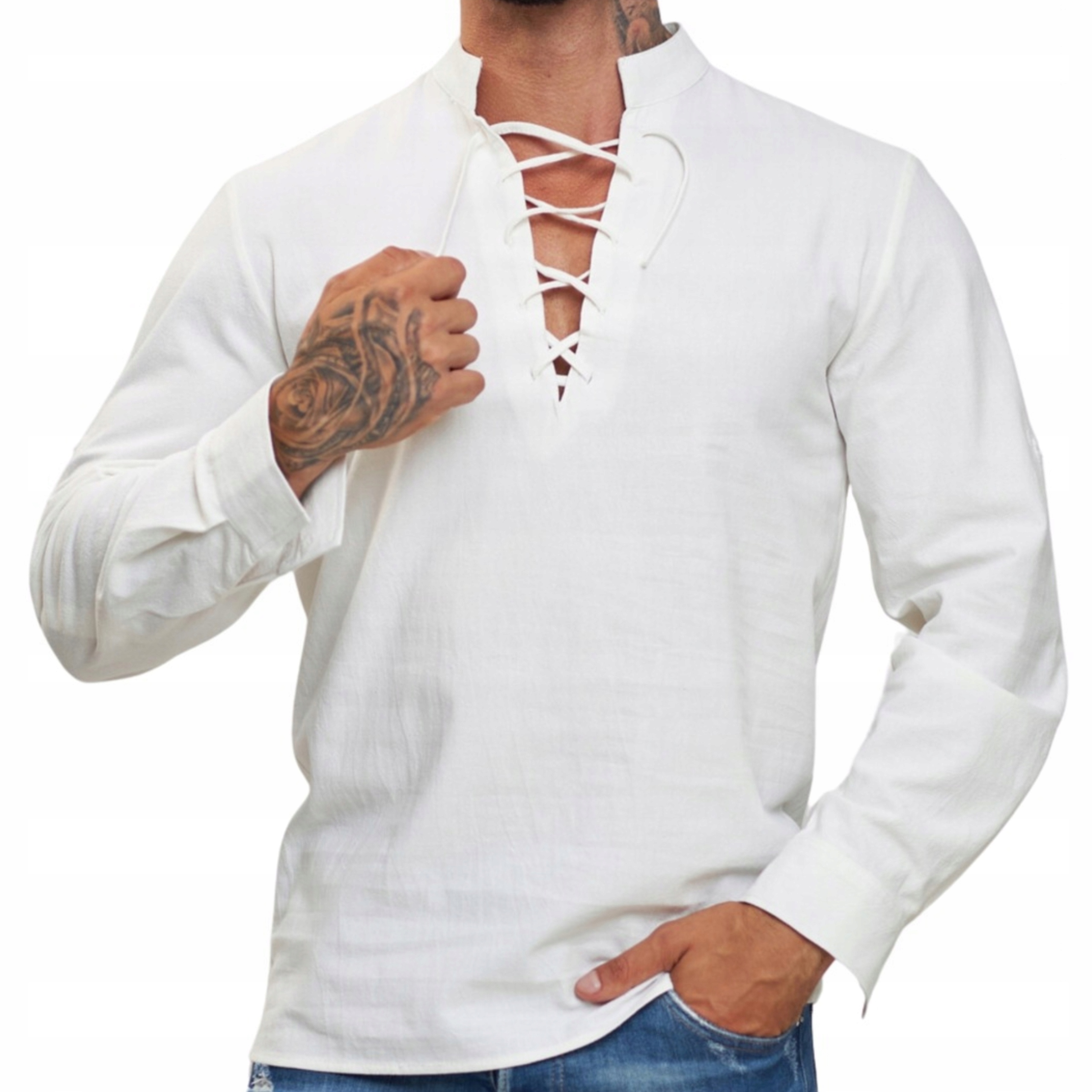 Koszula męska ze stójką i długim rękawem lniana wiązana na lato przewiewna