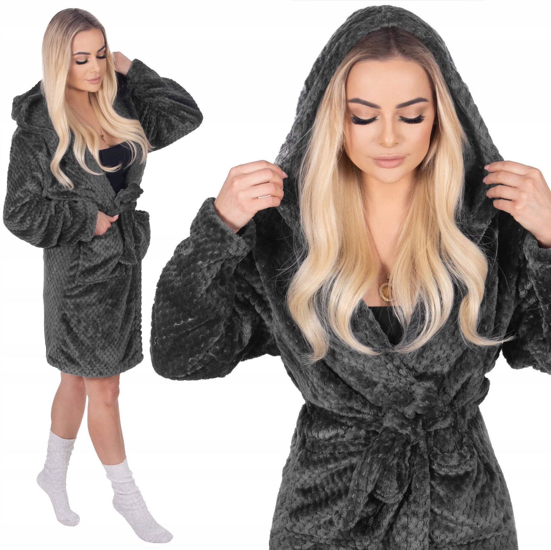 Springos szlafrok damski do kolan z kapturem