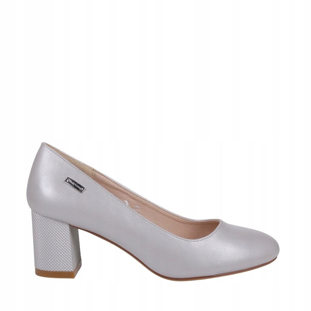 DAMSKIE CZÓŁENKA BUTY NA OBCASIE STABILNE SREBRNE PERŁOWE KARBOWANY OBCAS Kolor srebrny