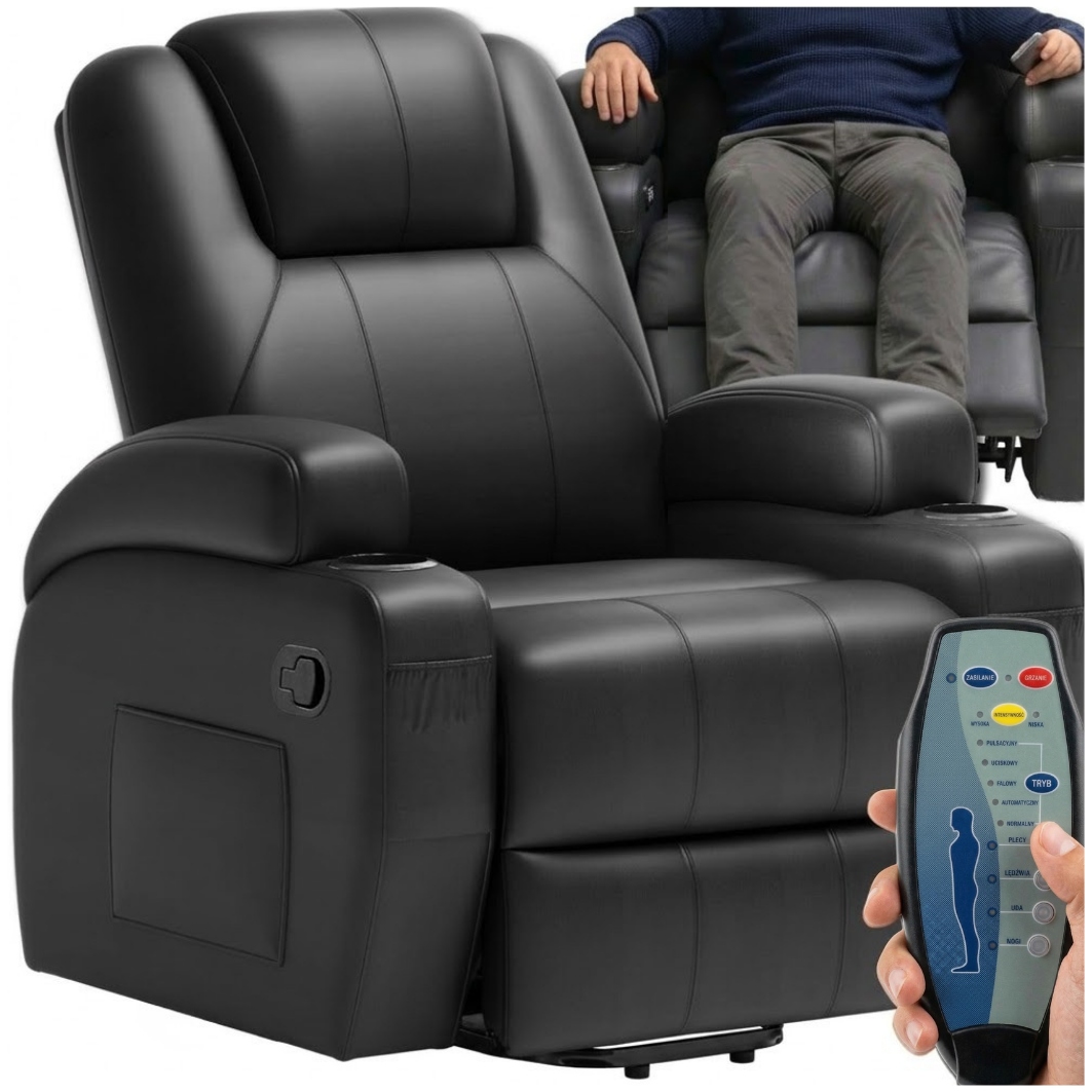 Fotel Masujący Relaks Rozkładany Podgrzewanie 8 Stref Czarny Z Pilotem