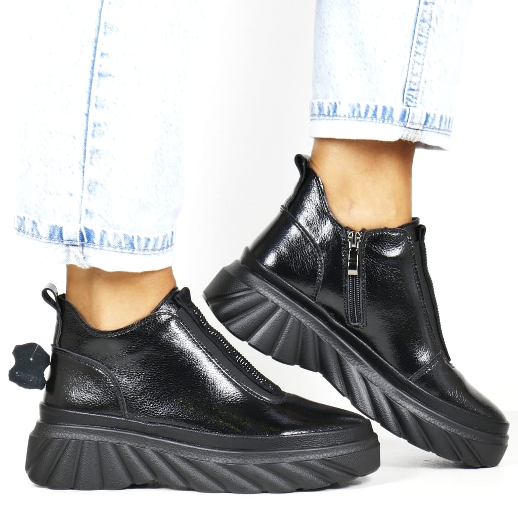 Dámské Kotníkové Boty S Zirkony Na Platformě Koturnie Černá Kůže New