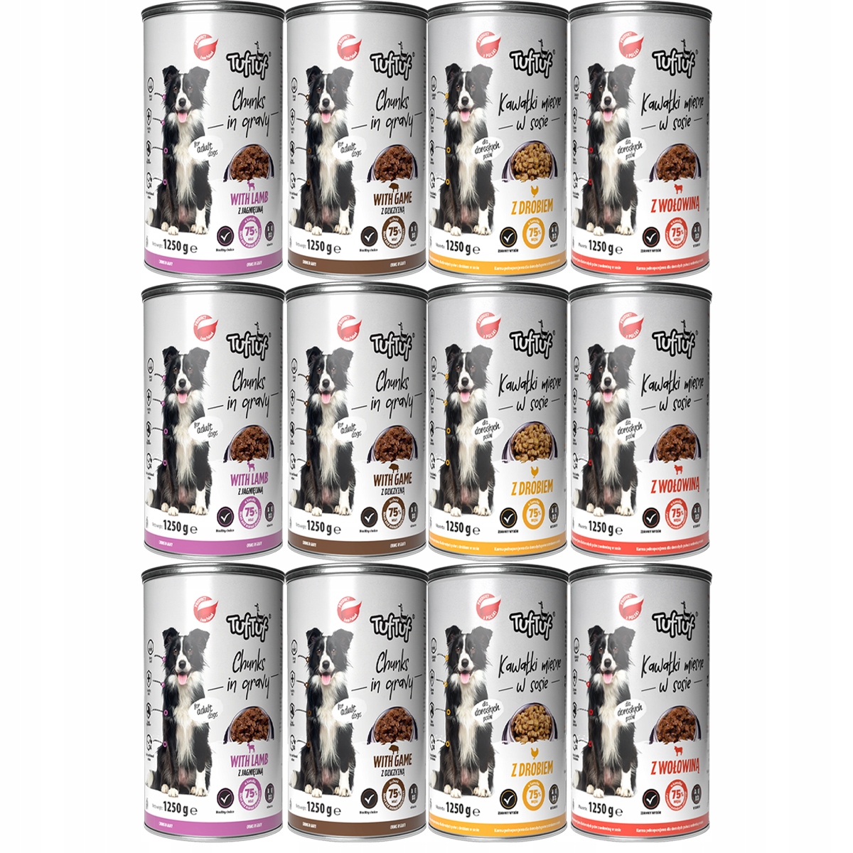 Levně Vlhké Krmivo Pro Psa TufTuf Plechovka s masovými kousky MIX Chutí Set 12x1250g