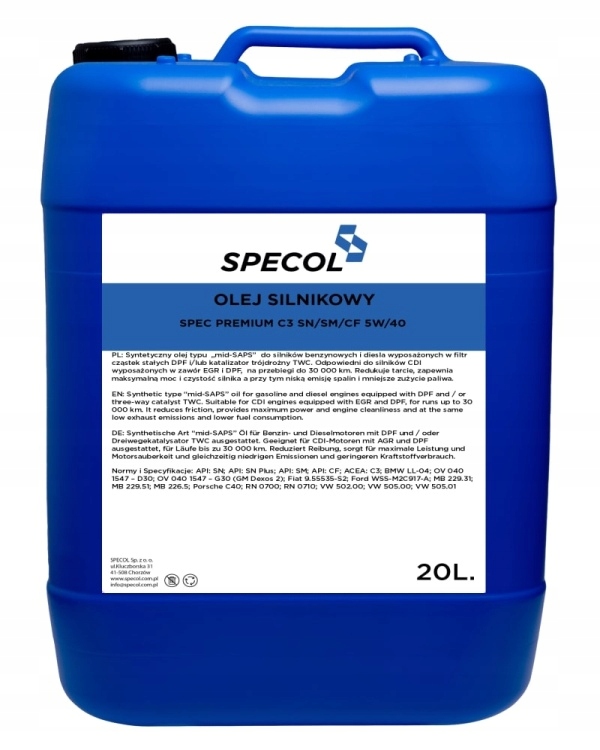 Specol Prémiový Olej 5V40 20 L C3 Sn+/sm/cf 502.00 505.00 505.01/LL04/DEX2/