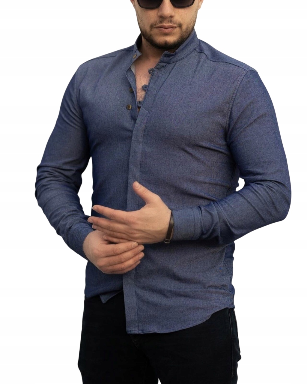 Pánská Košile Hladká Se Stojáčkem Tmavě Modrá Jeans L