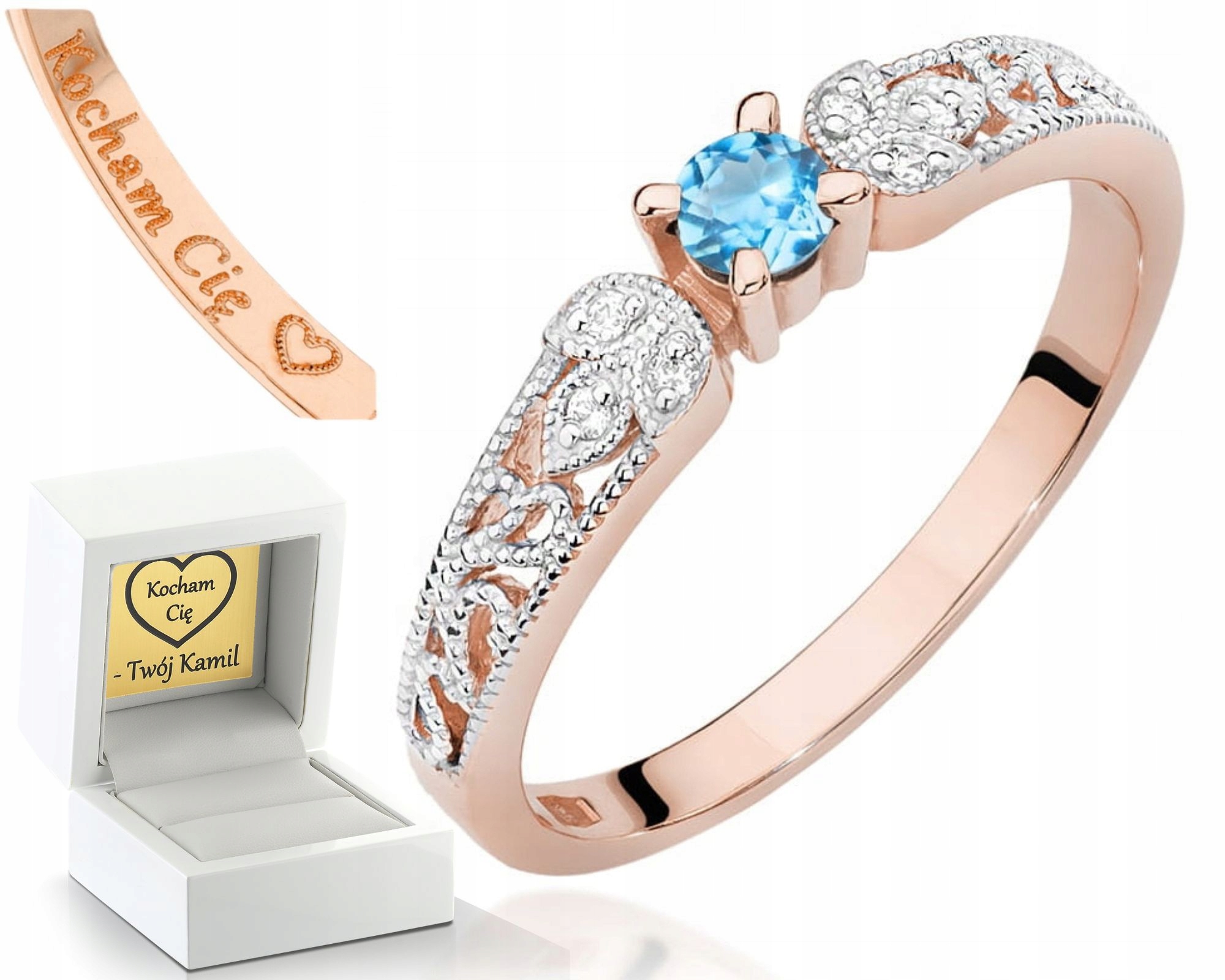 Zásnubní Prstýnek Růžové Zlato Topaz A Diamanty Gravírování 585 Dárek