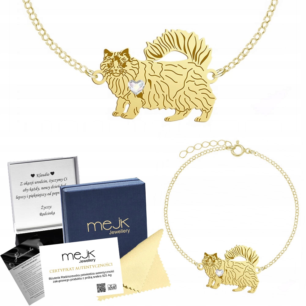 Zlatý náramek s Ragdoll Cat 925 Řetízek Šperky Žena Gravírování