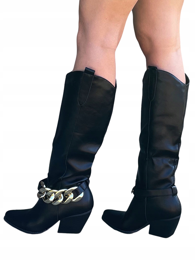 Krátké Kozačky Kovbojské Boty Zateplené Eko Kožené Černé S Řetězem 41