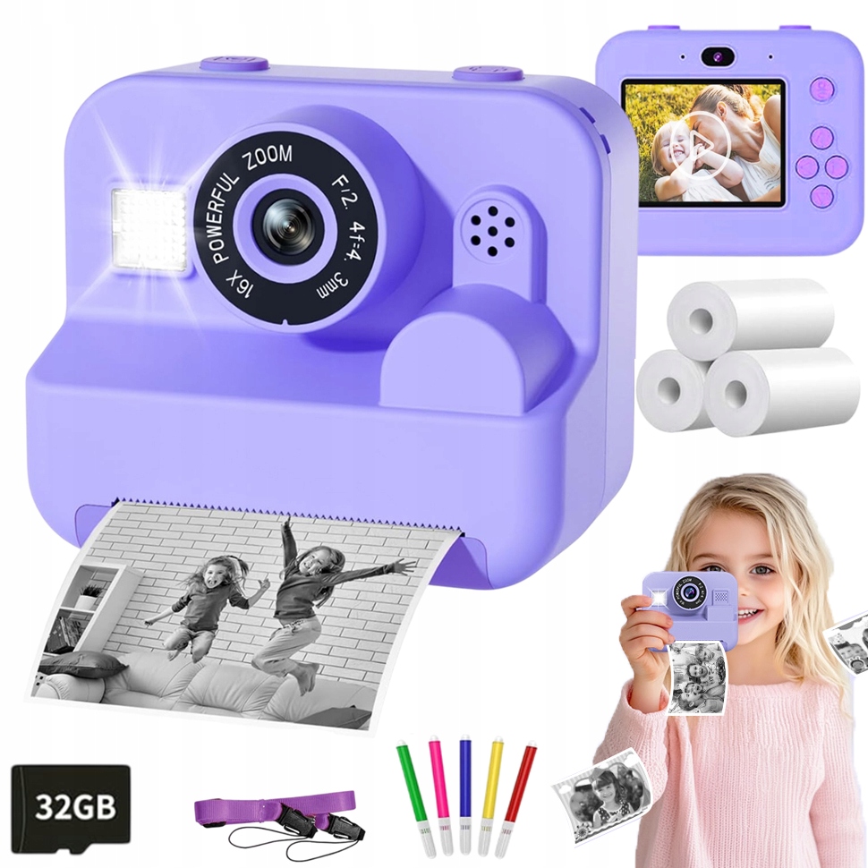 Instantní Fotoaparát, 2,4" Displej Dětský Fotoaparát 3 Role Papíru 32GB Karta (fialový)
