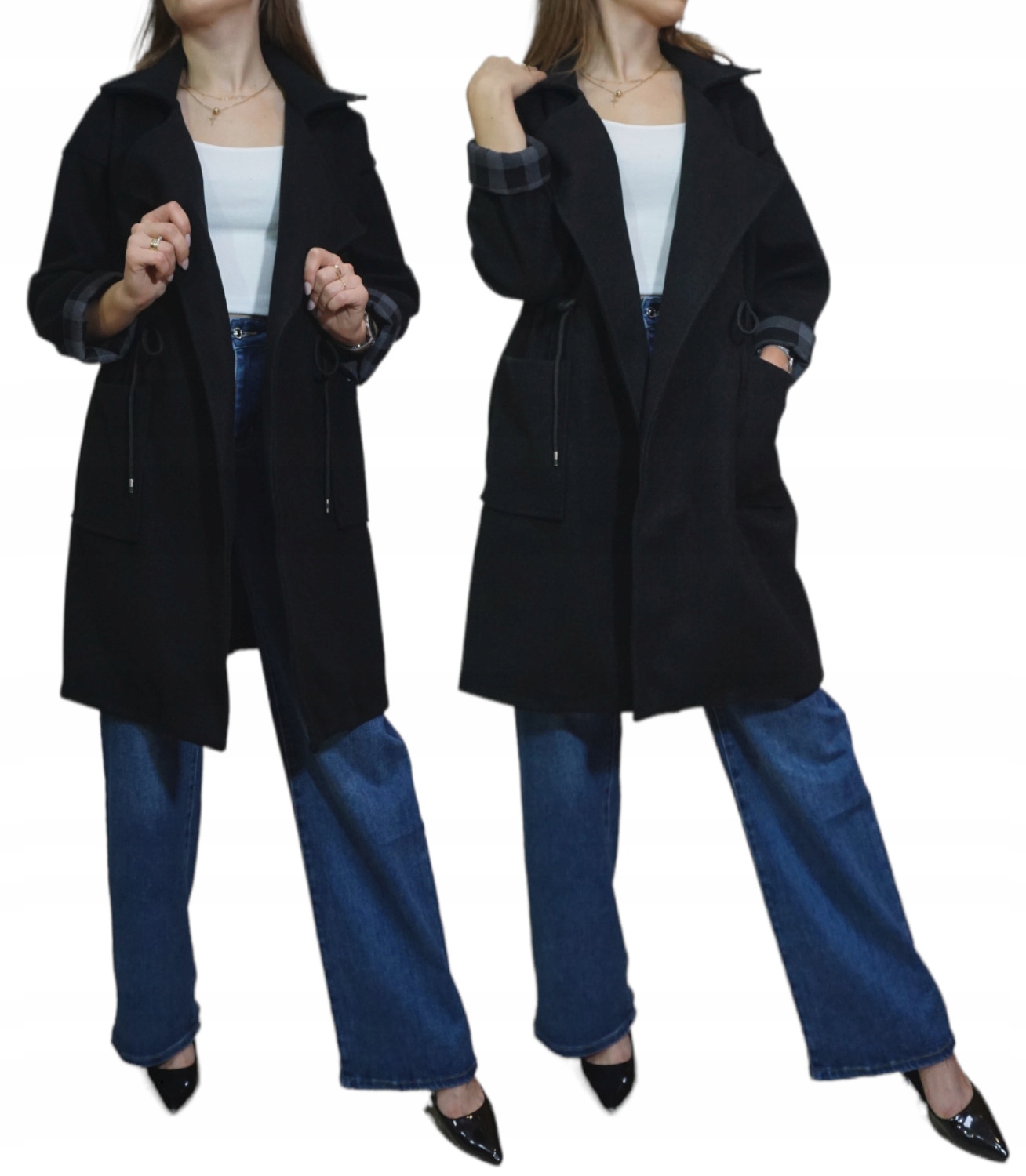 Dámský Vypasovaný Kabát, Klasický, Jednořadý, Vázaný, Černý