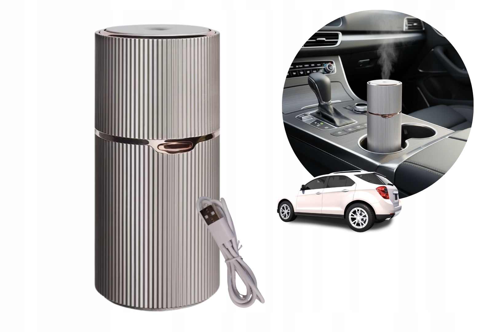 Dyfuzor samochodowy zapachowy Aroma Cup srebrny Usb do auta do olejków