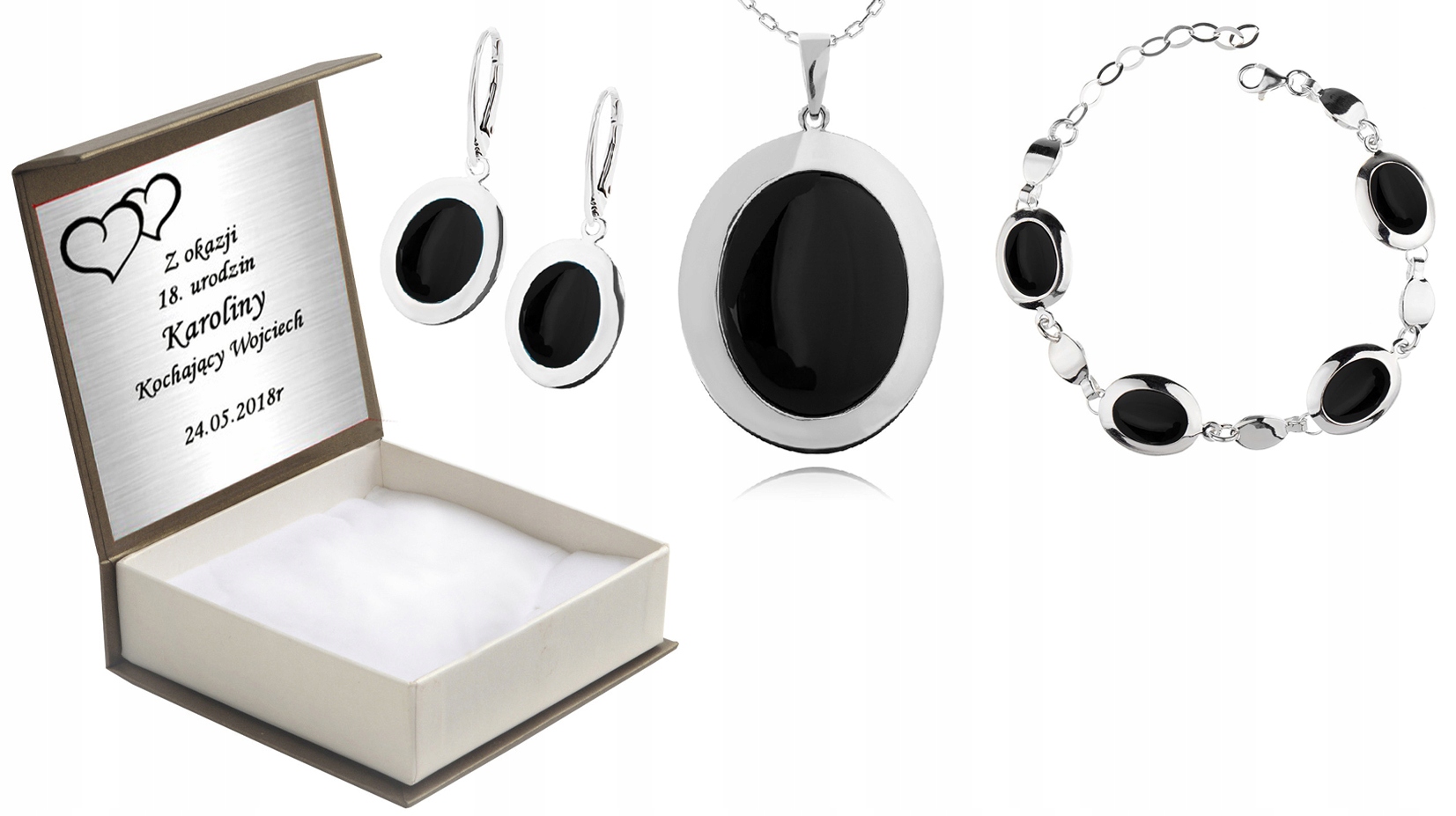 

Komplet Biżuterii Srebrnej Z Onyksami + Grawer