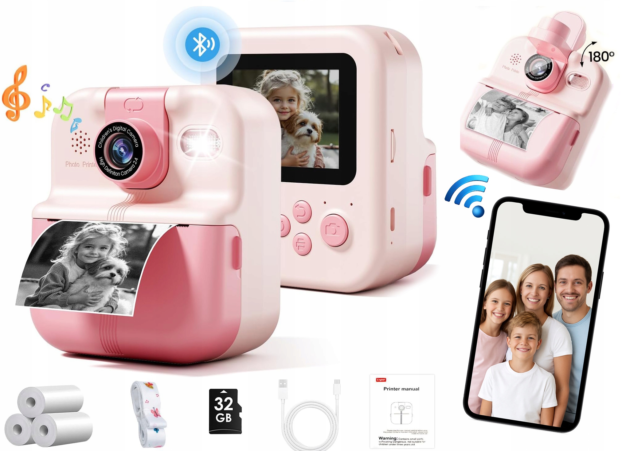 Instantní fotoaparát pro děti Tisk z telefonu Objektiv 180 32GB karta