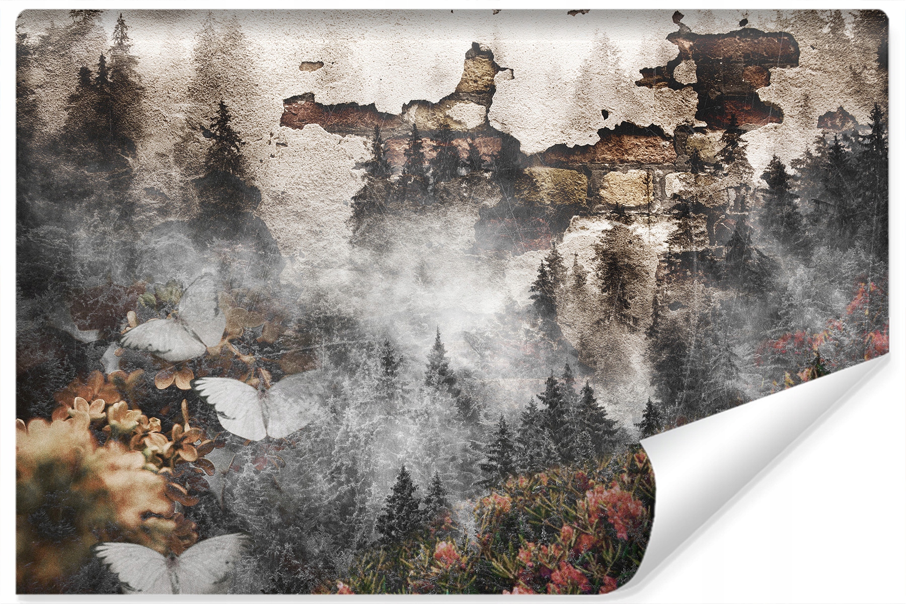 Fototapeta Les Mlha Motýli Cihly Koláž 3D 400x280