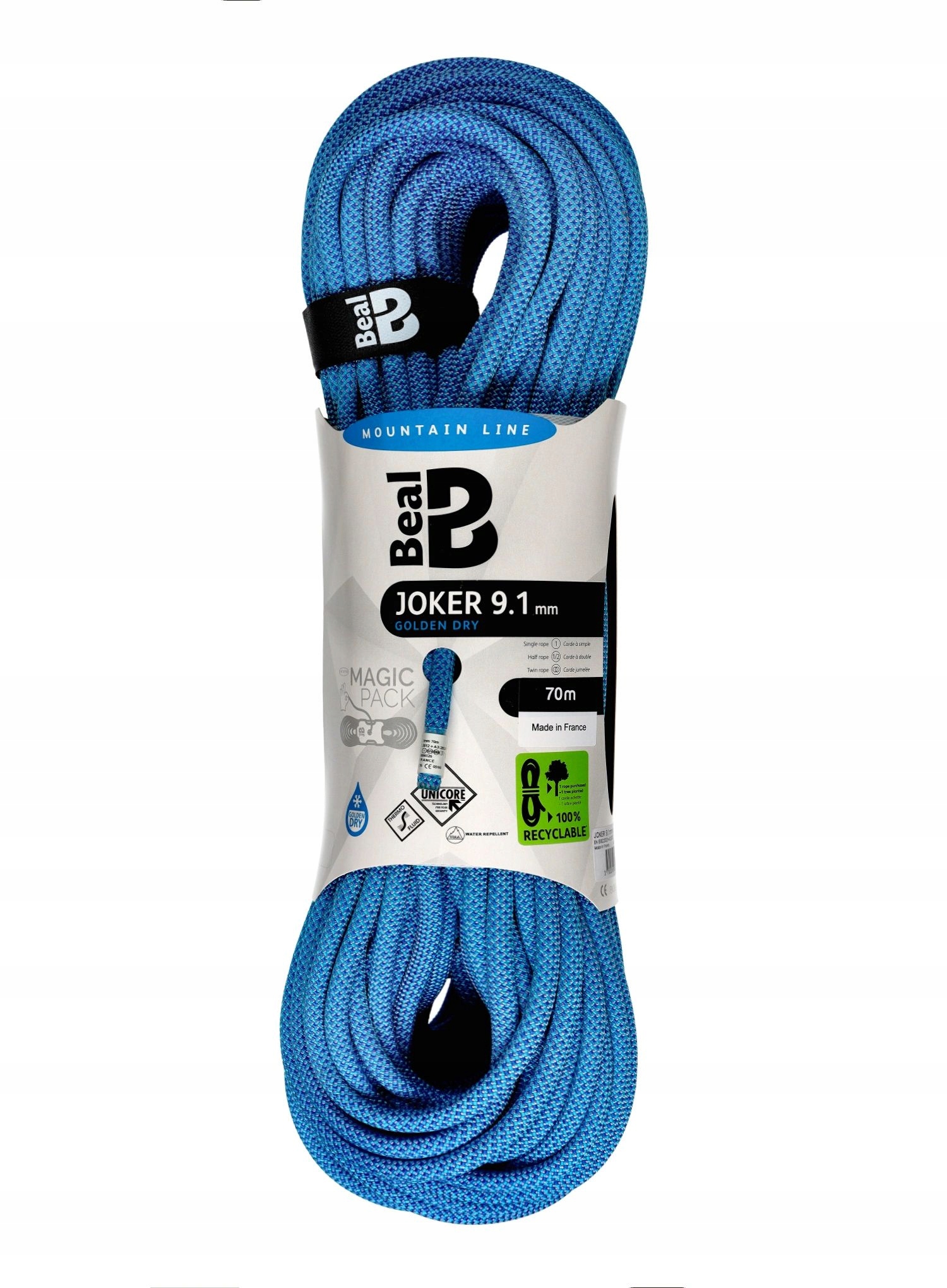 Lezecké lano Beal Joker Unicore 9,1 mm x 70 m Golden Dry modré