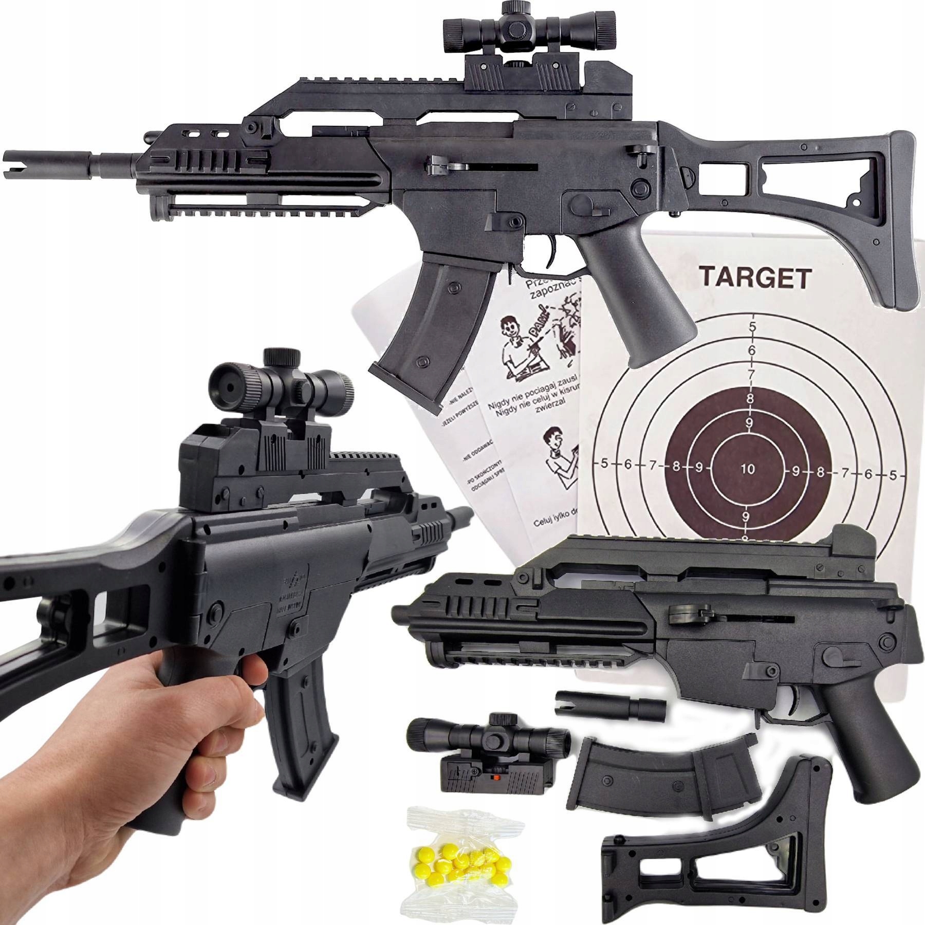 KARABIN SZTURMOWY NA KULKI G36 PISTOLET P41 CELOWNIK LASEROWY + TARCZA