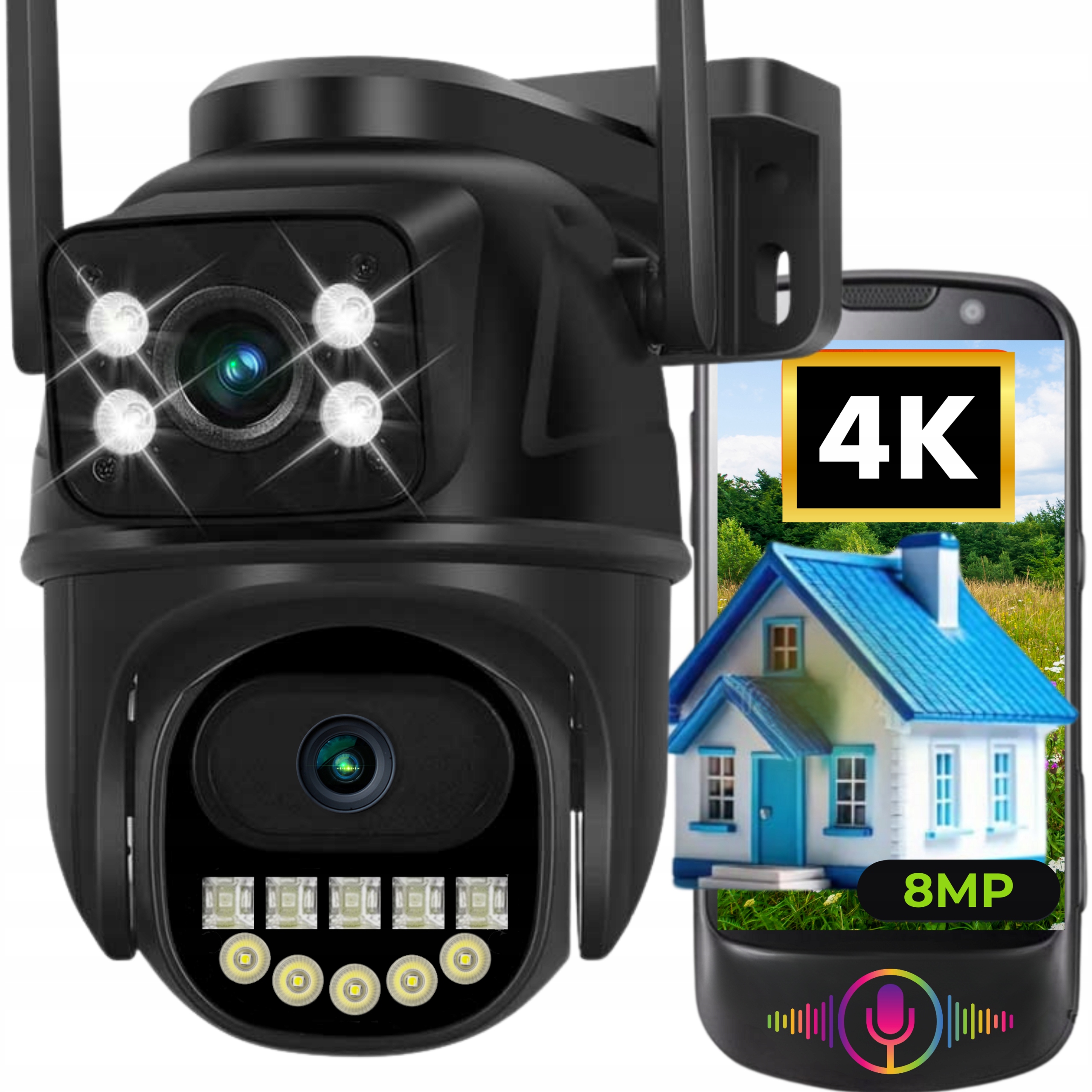 Podwójna Kamera Wifi Ip Zewnętrzna Obrotowa Ultra Hd Detekcja 8MPX Mikrofon