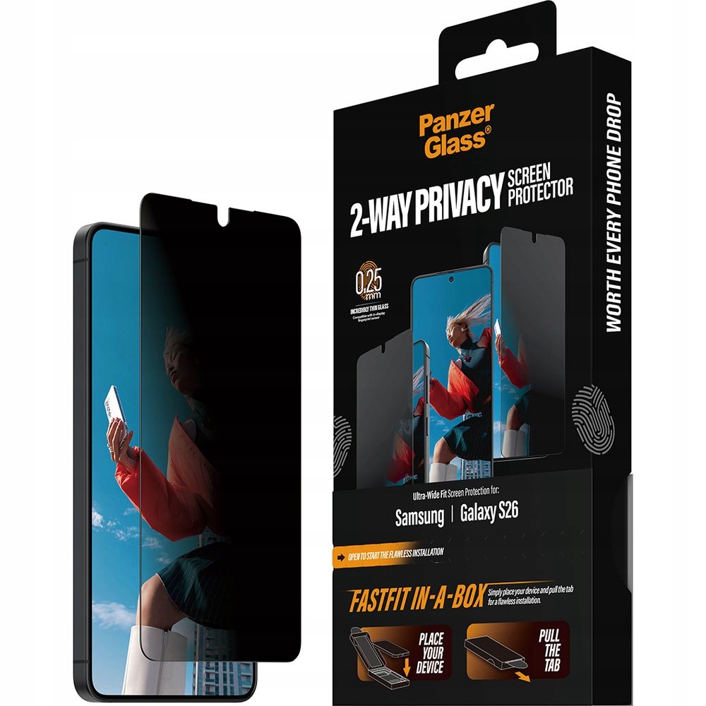 Sklo s privátním filtrem pro Galaxy S26, PanzerGlass tvrzené sklo aplikátor