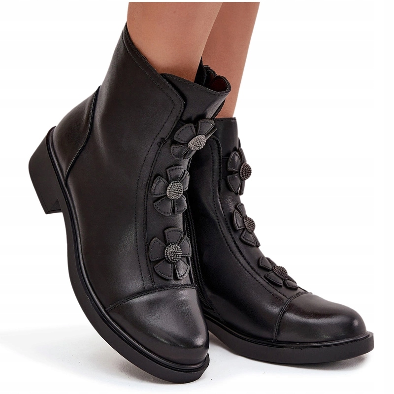 Dámské Kotníkové Boty Z Přírodní Zateplené Kůže Dekorativní Květiny Jezzi Černé 36