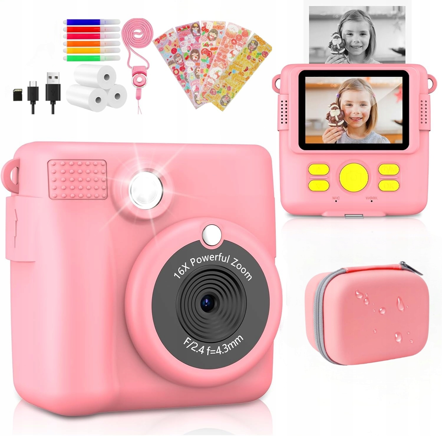 Digitální Fotoaparát Růžový Pro Děti Mini Tiskárna+karta 32 Gb