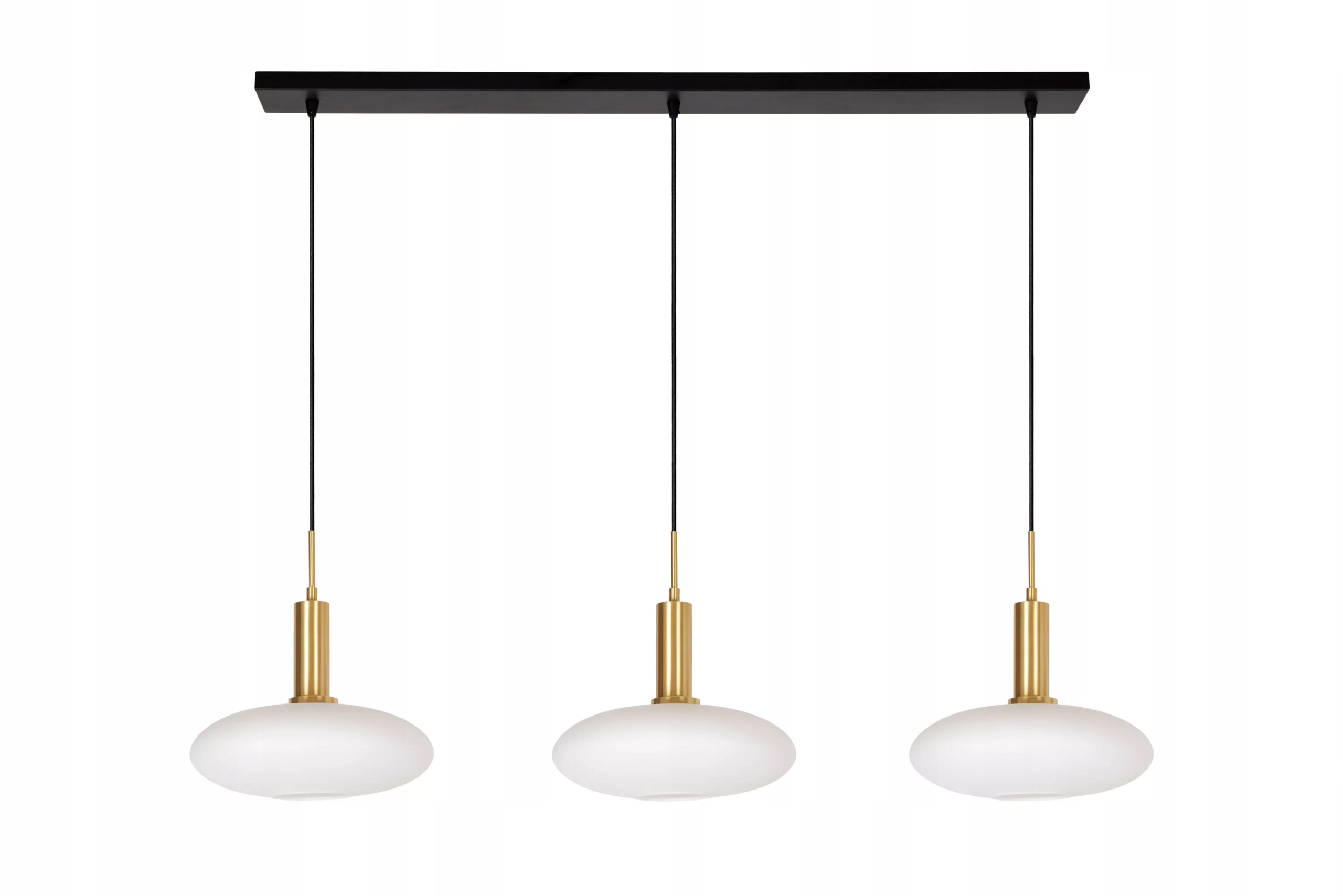 Trojitá závesná lampa čierna, zlatá, sklenené biele tienidlá nad stôl Lucide