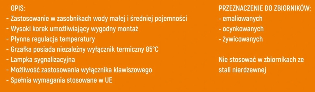 GRZAŁKA DO BOJLERA 2000 W 2 kW 5/4 Z TERMOSTATEM Pojemność 0 l