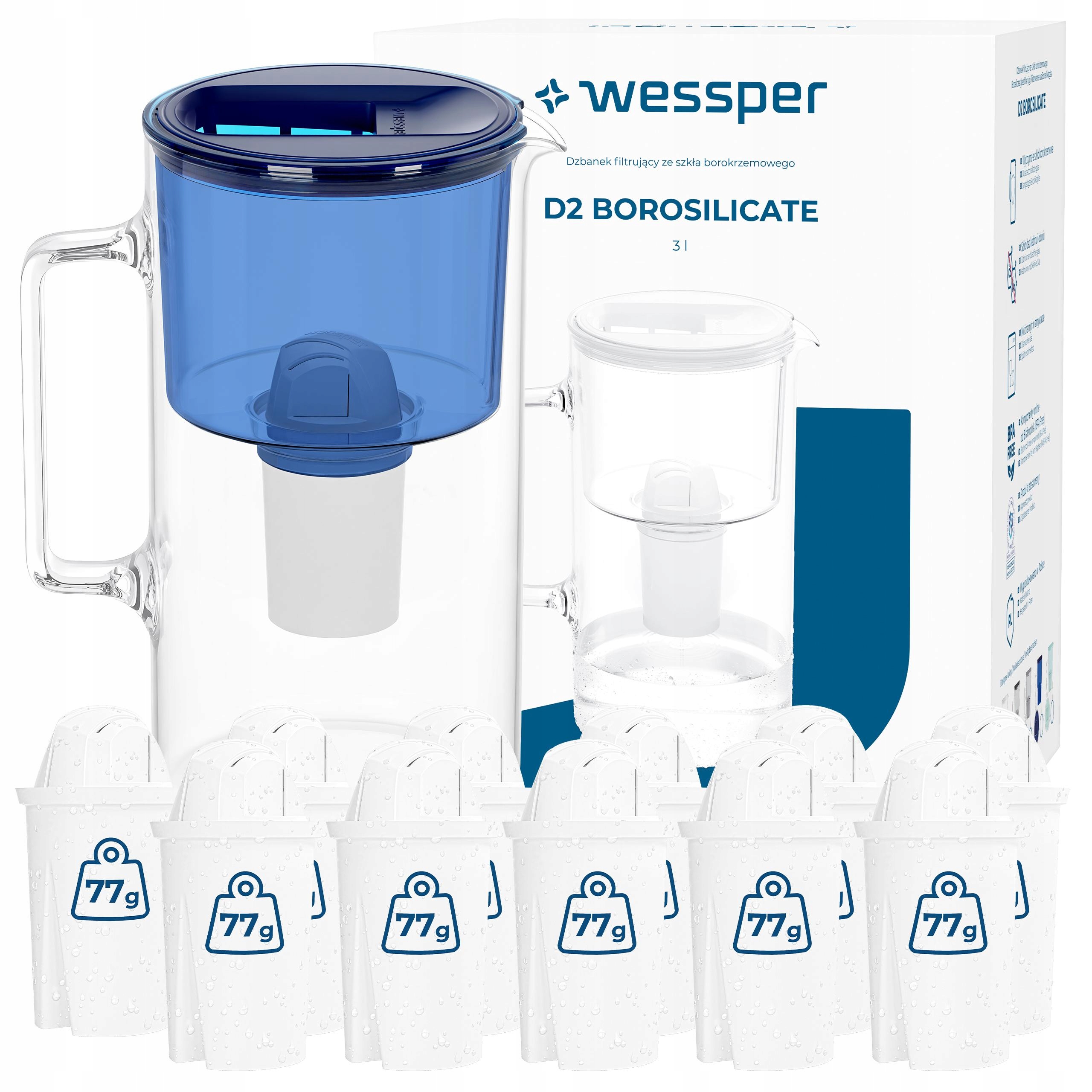 Skleněná filtrační konvice Wessper D2 Borosilicate 3l modrá 12x filtr