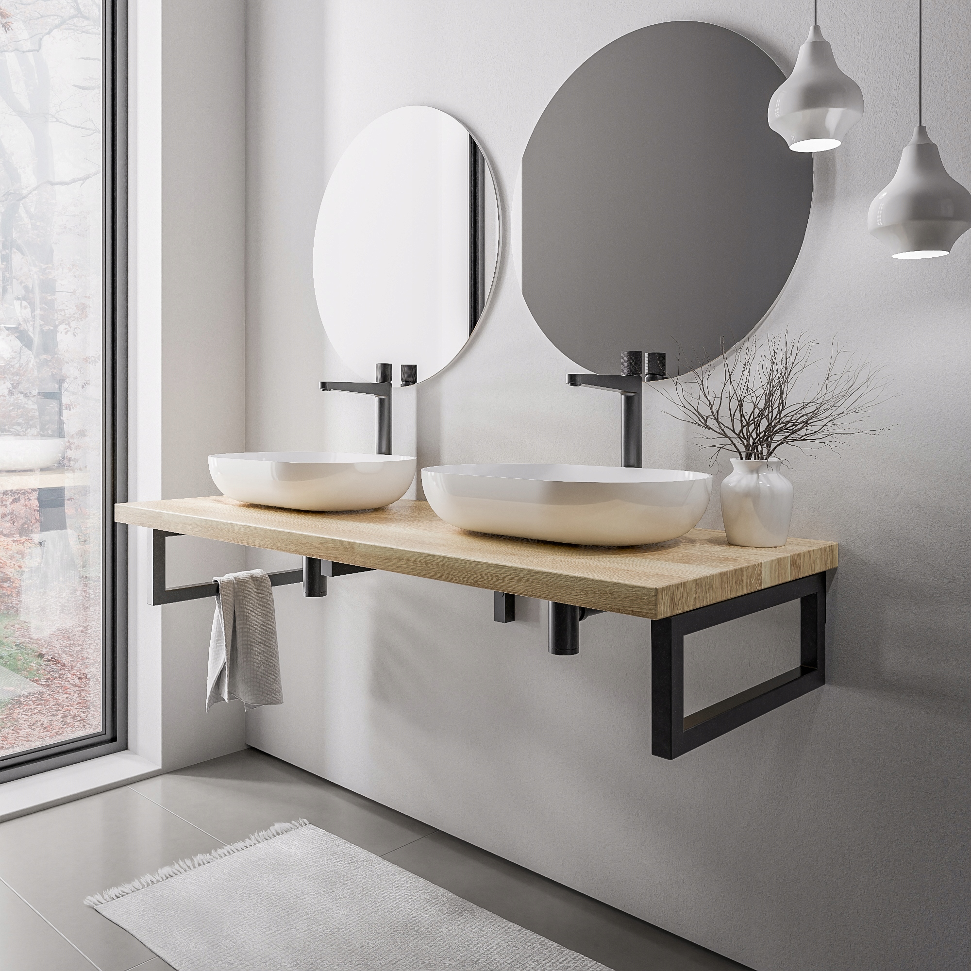 Blat łazienkowy umywalkowy lite drewno 140cm wspornik/wieszak czarny mat