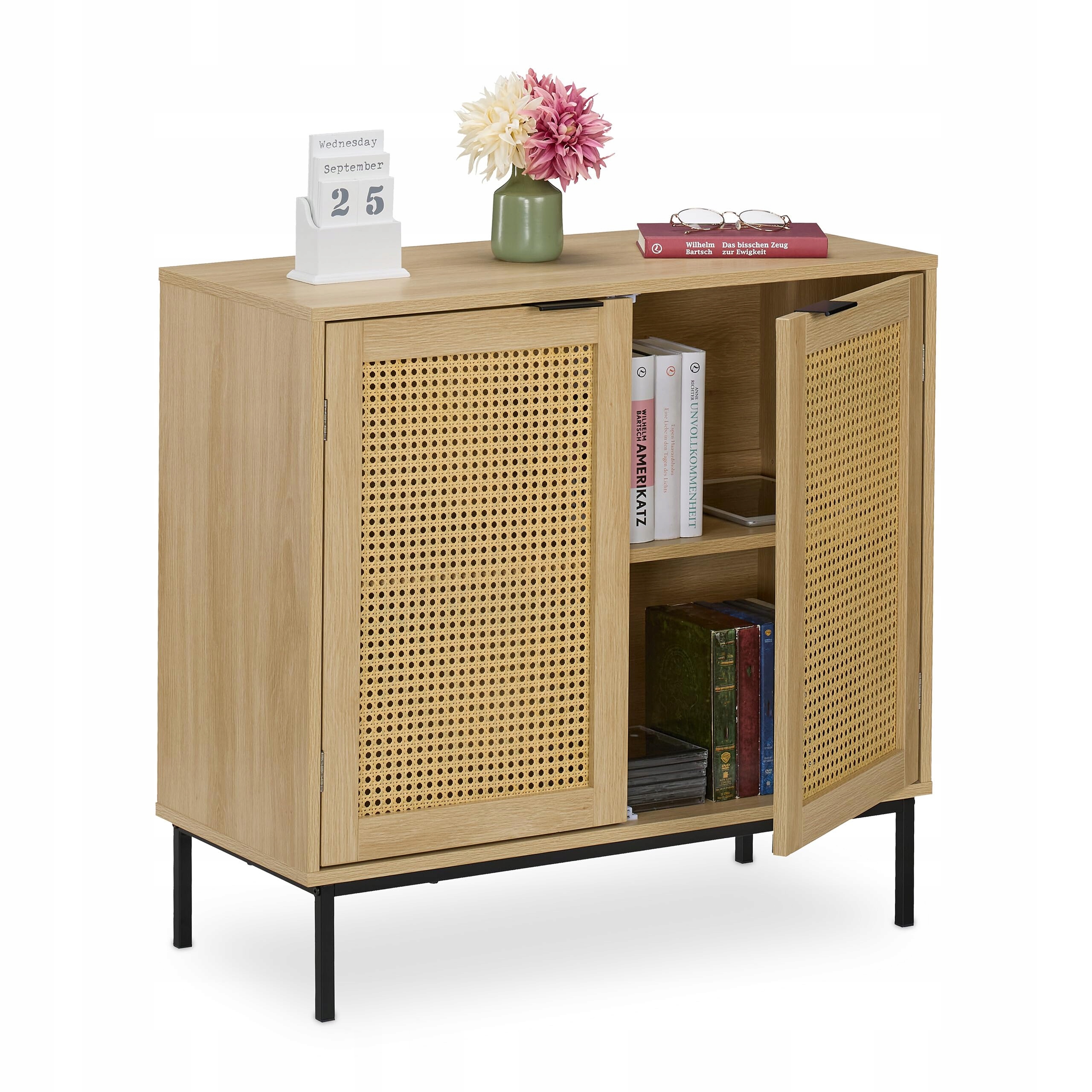 Relaxdays Sideboard, 2 ratanové dveře, 76x80x35 cm, přírodní/černá