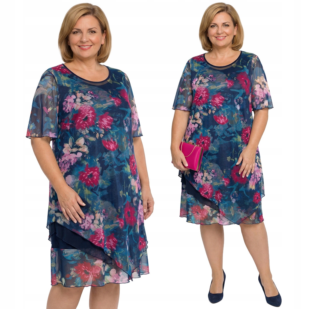 Modrá šaty s fialovo-růžovými květy a velikostí velikost 50