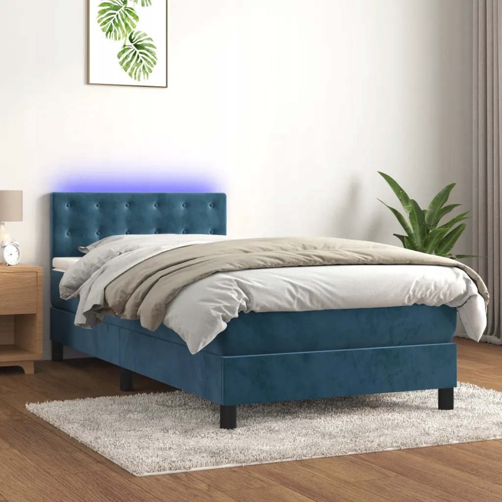 Box spring postel s matrací a Led tmavě modrá 90x200 cm samet Modrá 3134625