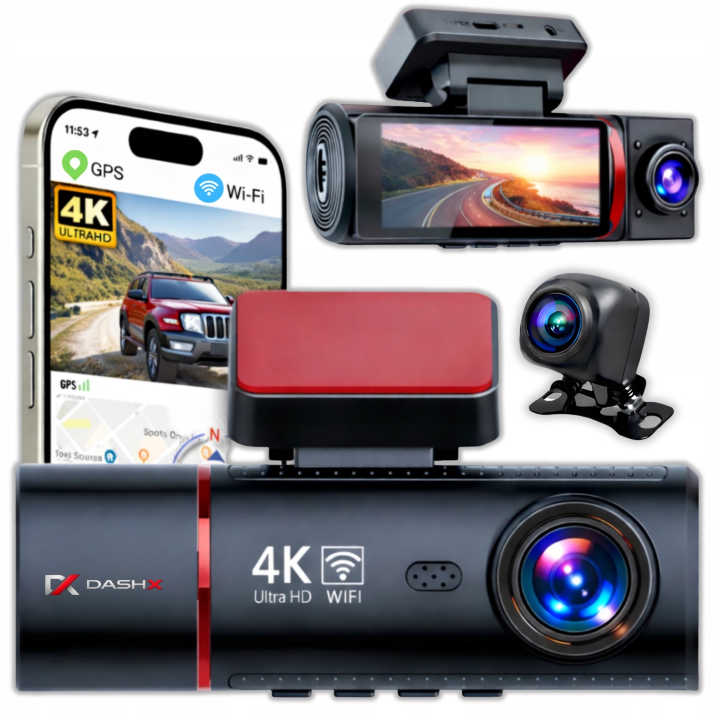 Kamera Samochodowa Wideorejestrator 4K Przód Tył Wnętrze Gps Wi-Fi 3w1