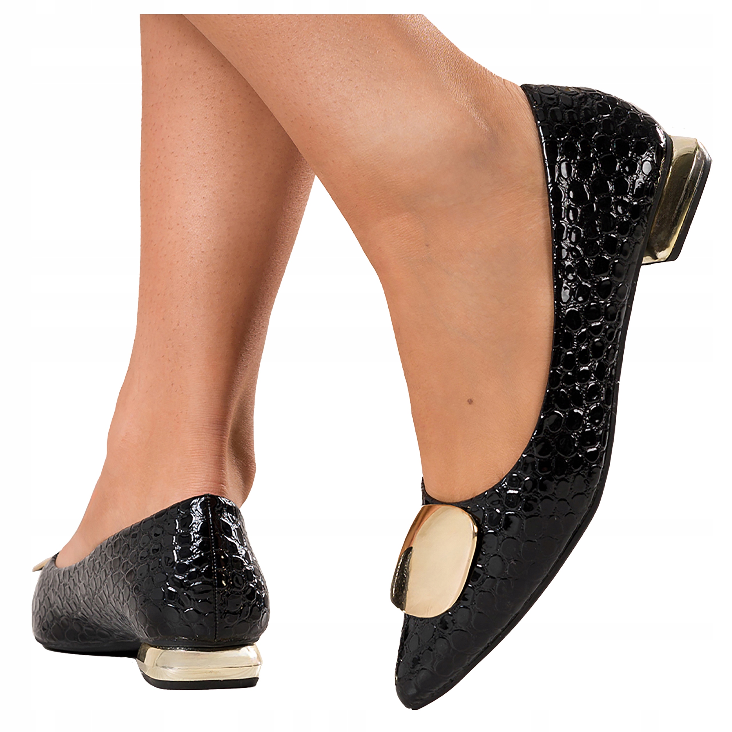 Baleriny Damskie Lakierowane Niski Klocek Skórzana Wkładka Czarne r 40