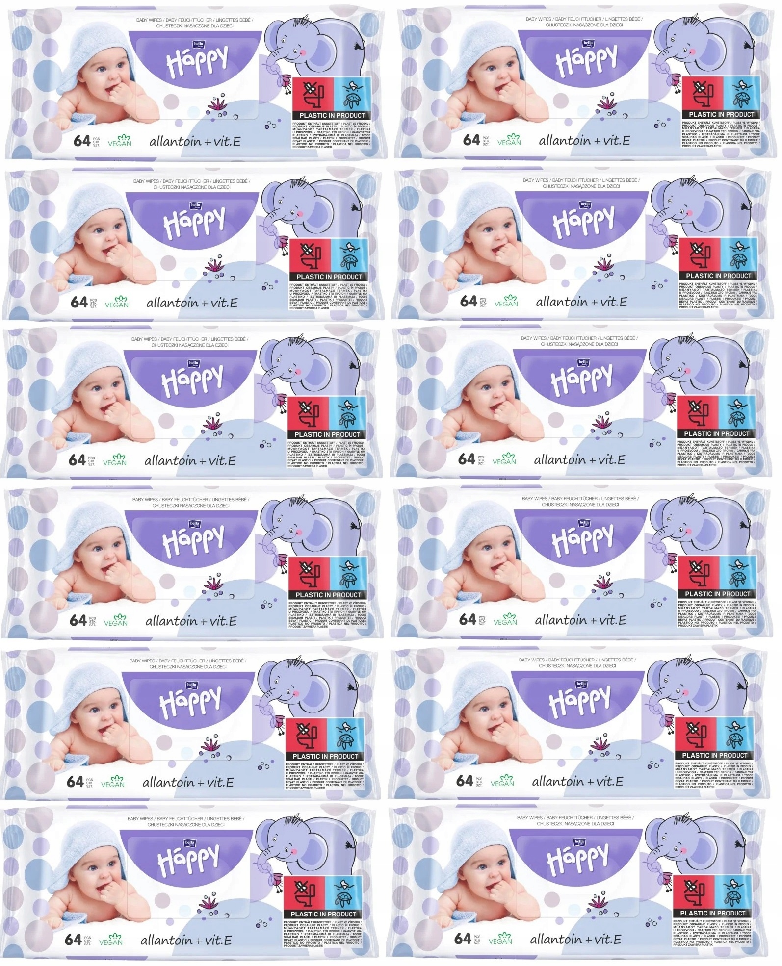 ZESTAW Chusteczki Happy z wit. E i alantoiną 12 x 64 szt.