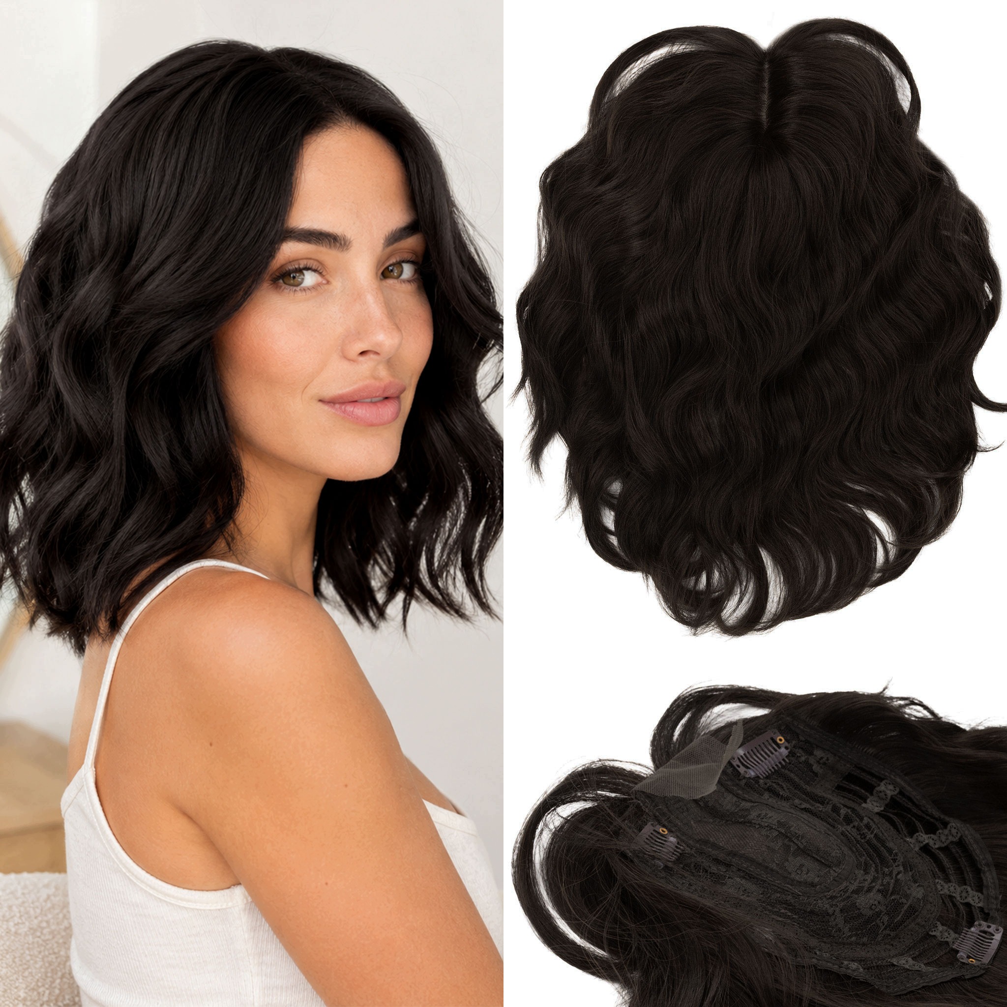 Topper Tupet Treska Pełne Uzupełnienie Włosów Clip In czarne 40cm grzywka