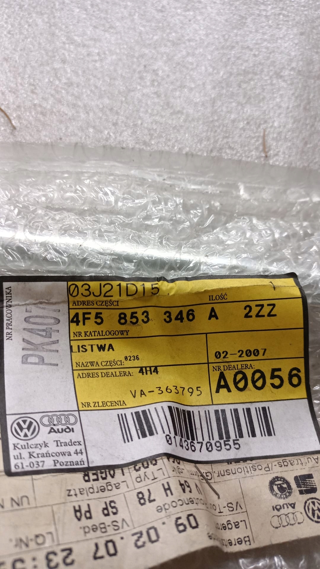 4F5853346A2ZZ Listwa ozdobna szyby bocznej chromowy Producent części VAG-SYSTEM