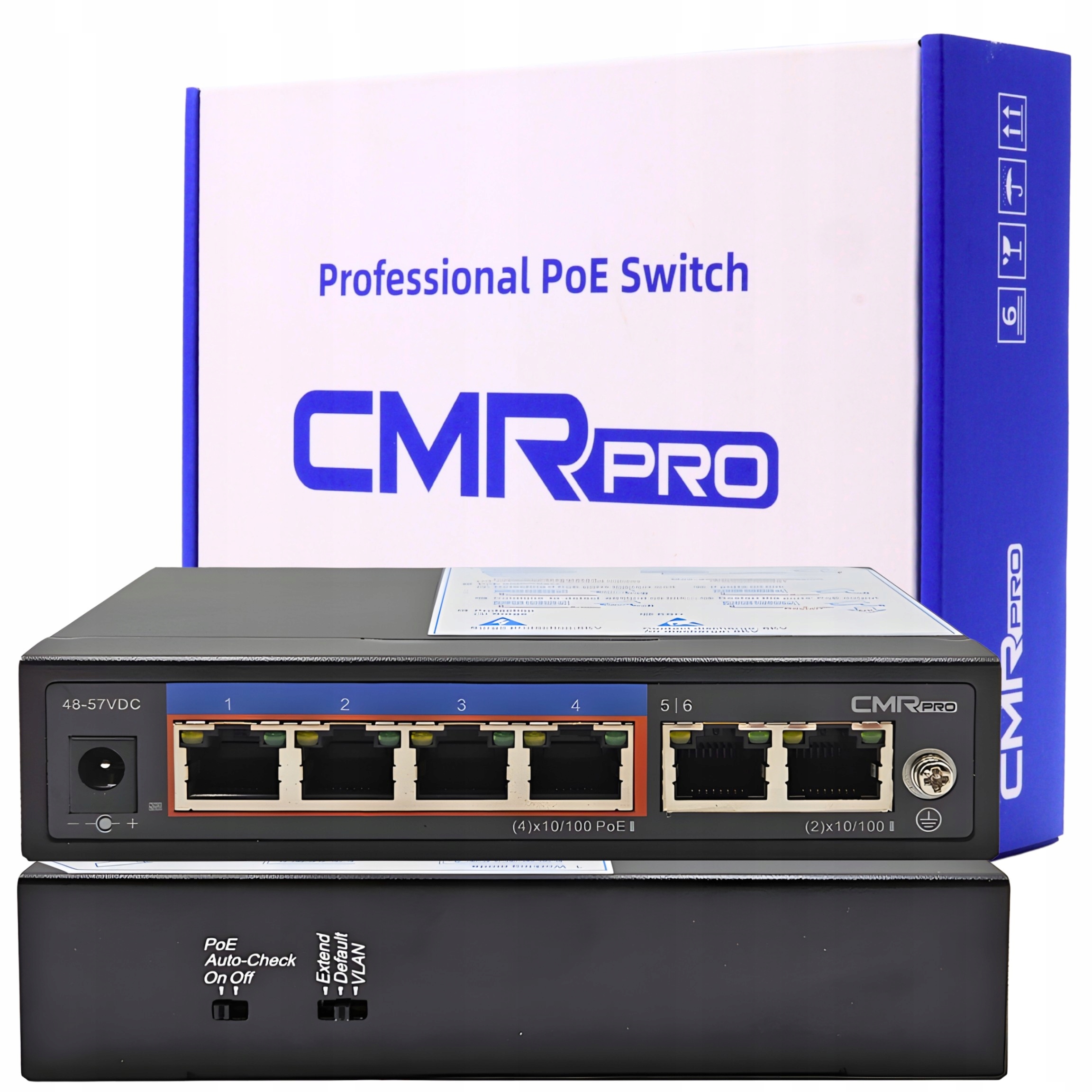 Switch PoE CMR-64-24 6-portový 4x RJ45 2x Uplink Watchdog Extend Vlan 65W